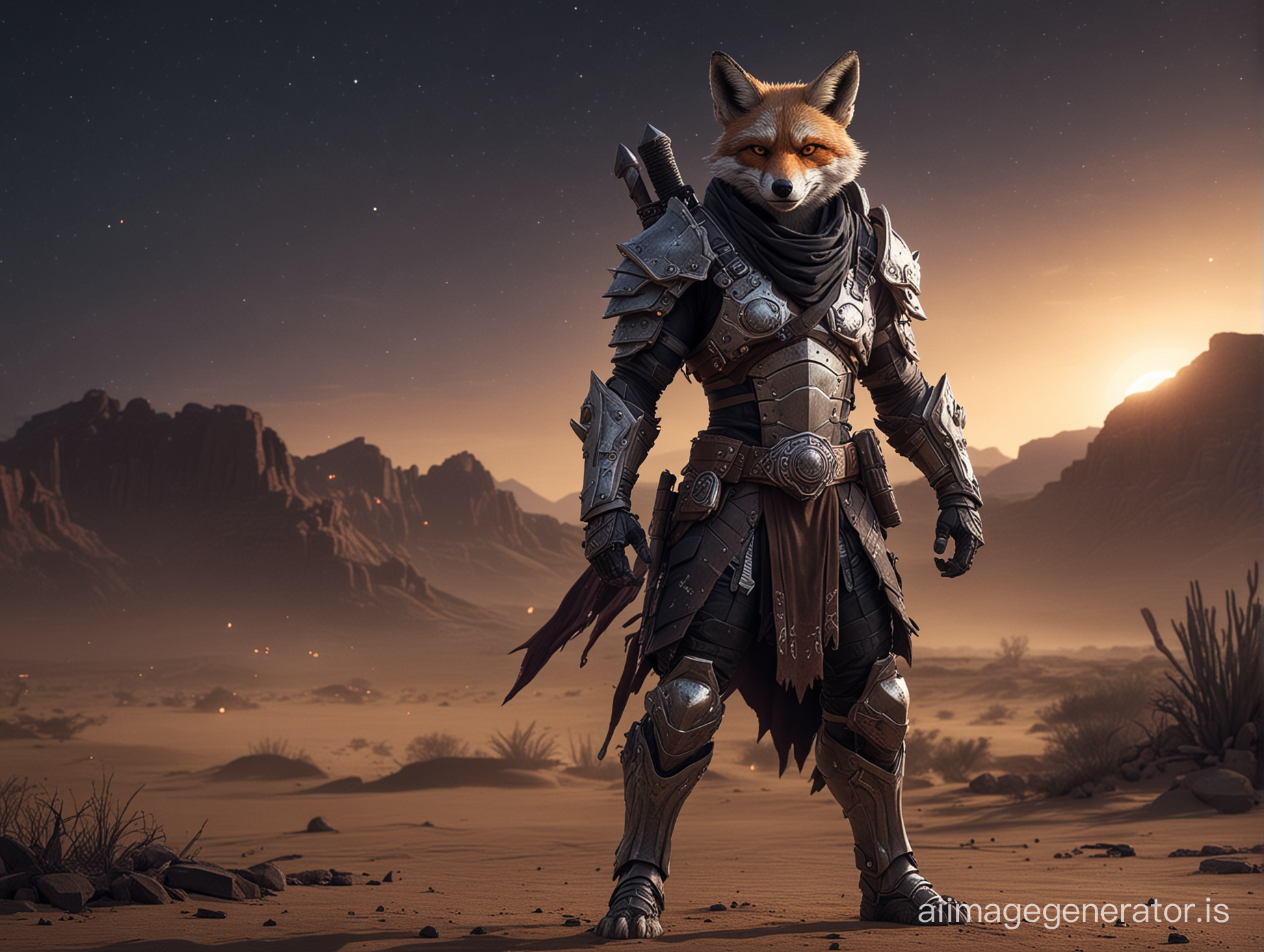 male humanoid, gray, ninja fox in battle scarred standing in a desert at night wearing Warcraft inspired armor