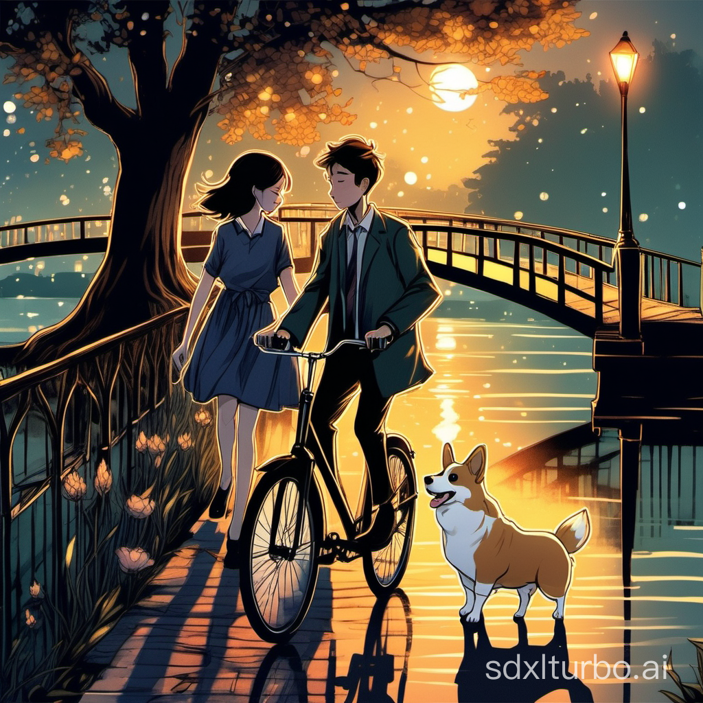 One night, by a river with a bridge, a very handsome boy was riding a bike, with a beautiful girl beside him. He was walking with a corgi