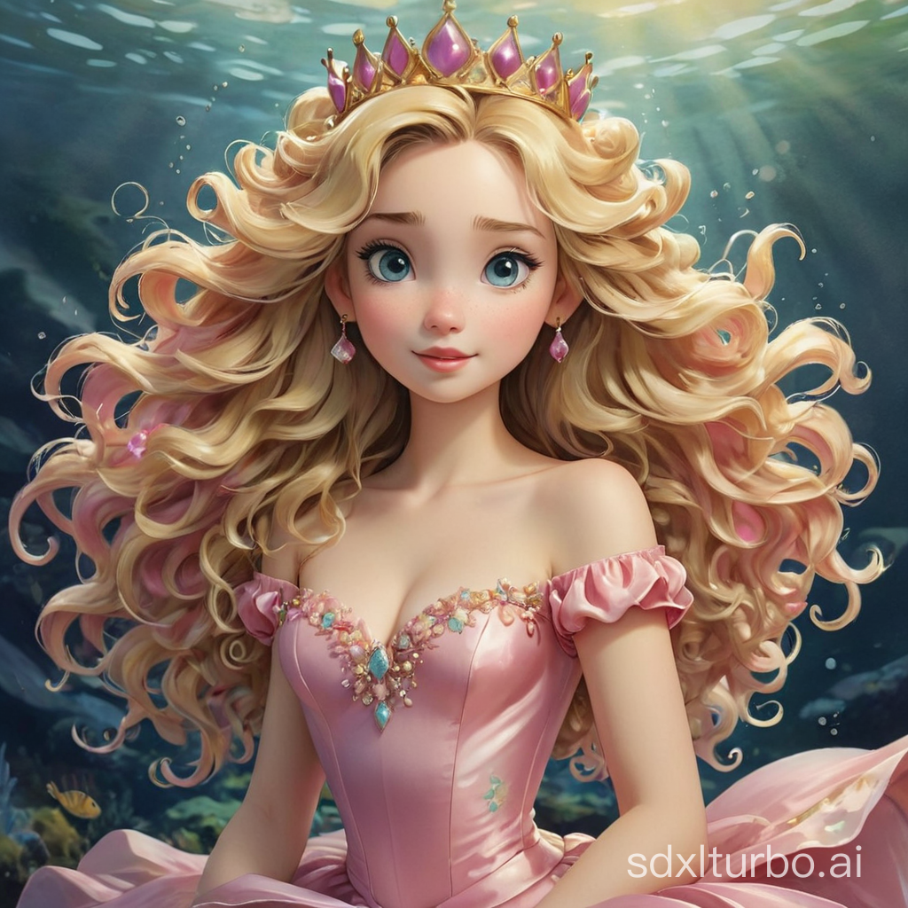 a pretty princess,mermaid,deep sea,wearing a pink silk  dress,with long and blond and curly hair,a crown on her hair,watercolour