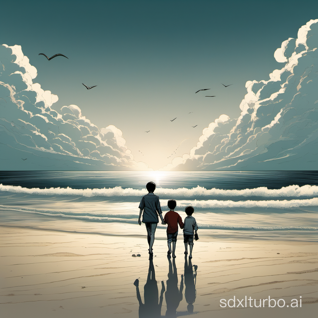A boy and his mother are walking on the beach, surrounded by an endless sea