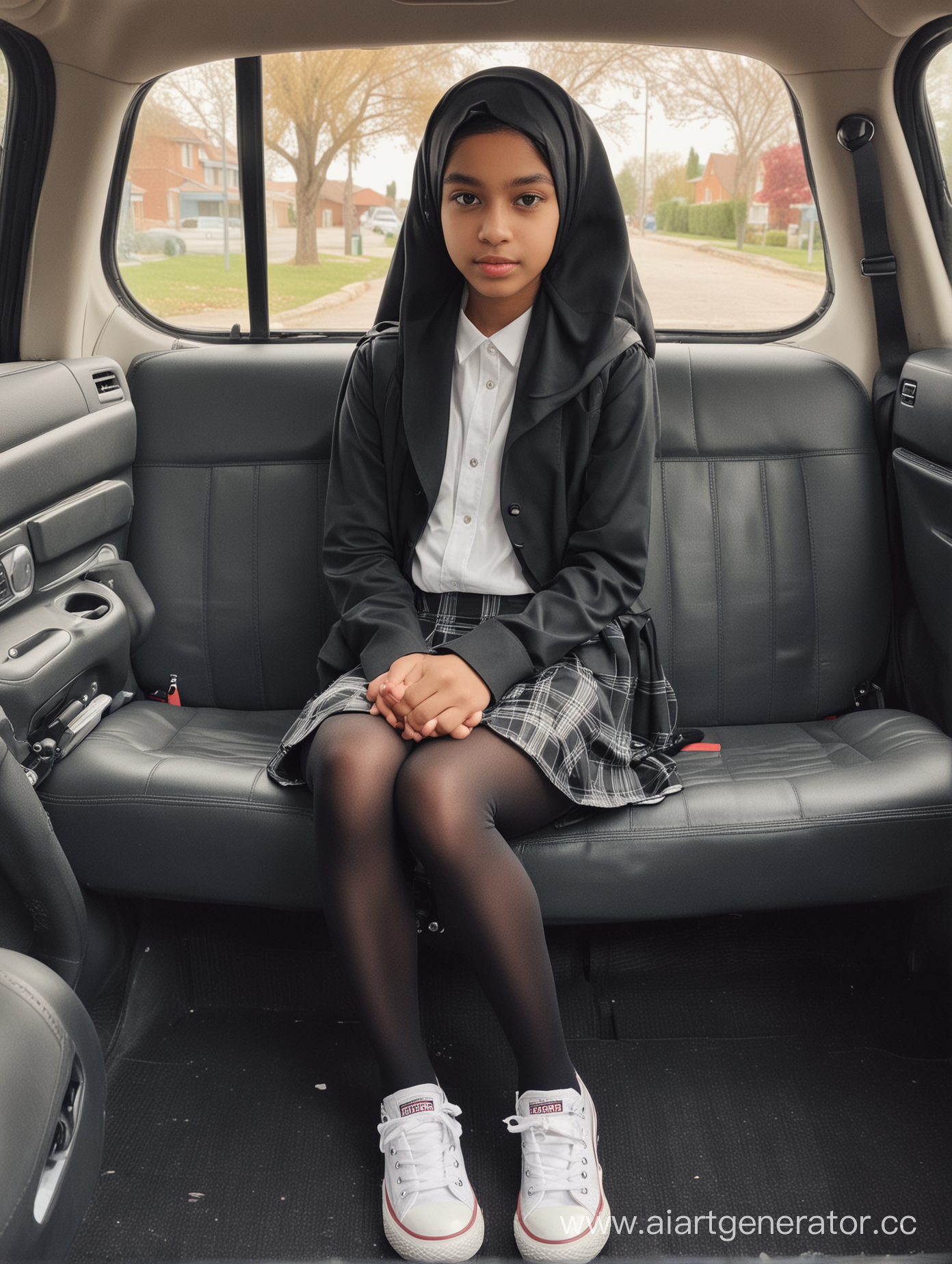 A little girl, 12 years old, saten hijab, mini school skirt, white short converse shoes, school uniform, black opaque tights, sits sideways in the car, slim legs, plump lips, elegant pose, anxious