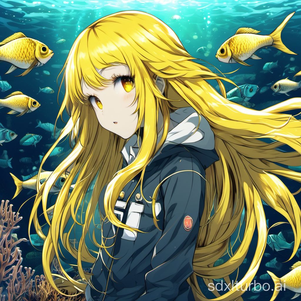 deep sea,girl,long hair,fish,yellow hair
