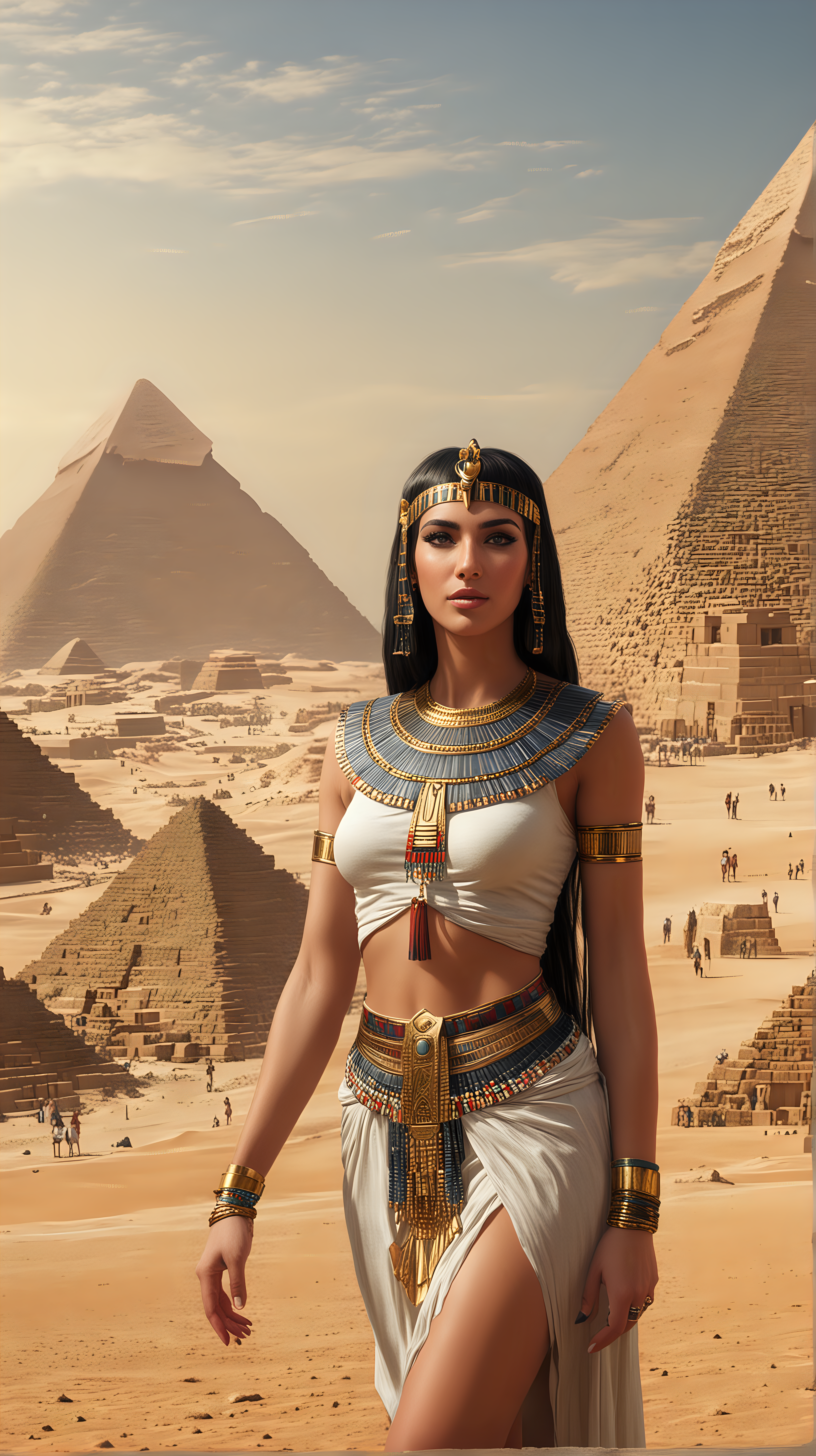 Cleopatra in background egypt pyramids .hyper realistic
