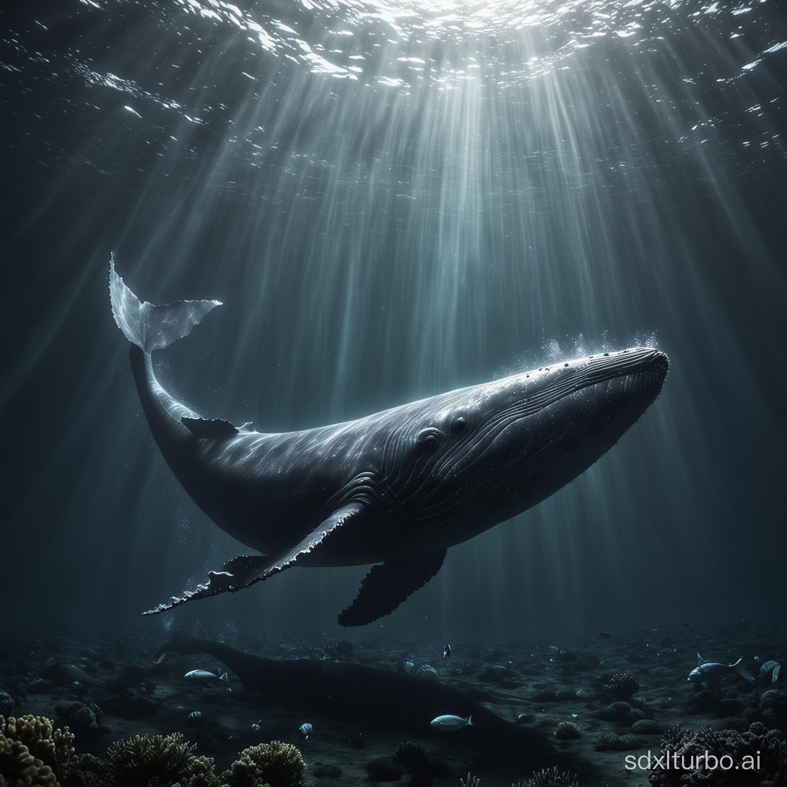 In the deep sea, giant whales swim in the deep sea