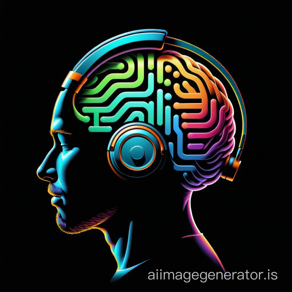 A human head  with no eyes diagram with a labyrinth as a brain and using headphones side view, colourful, schematic vectorial silhouette, black background