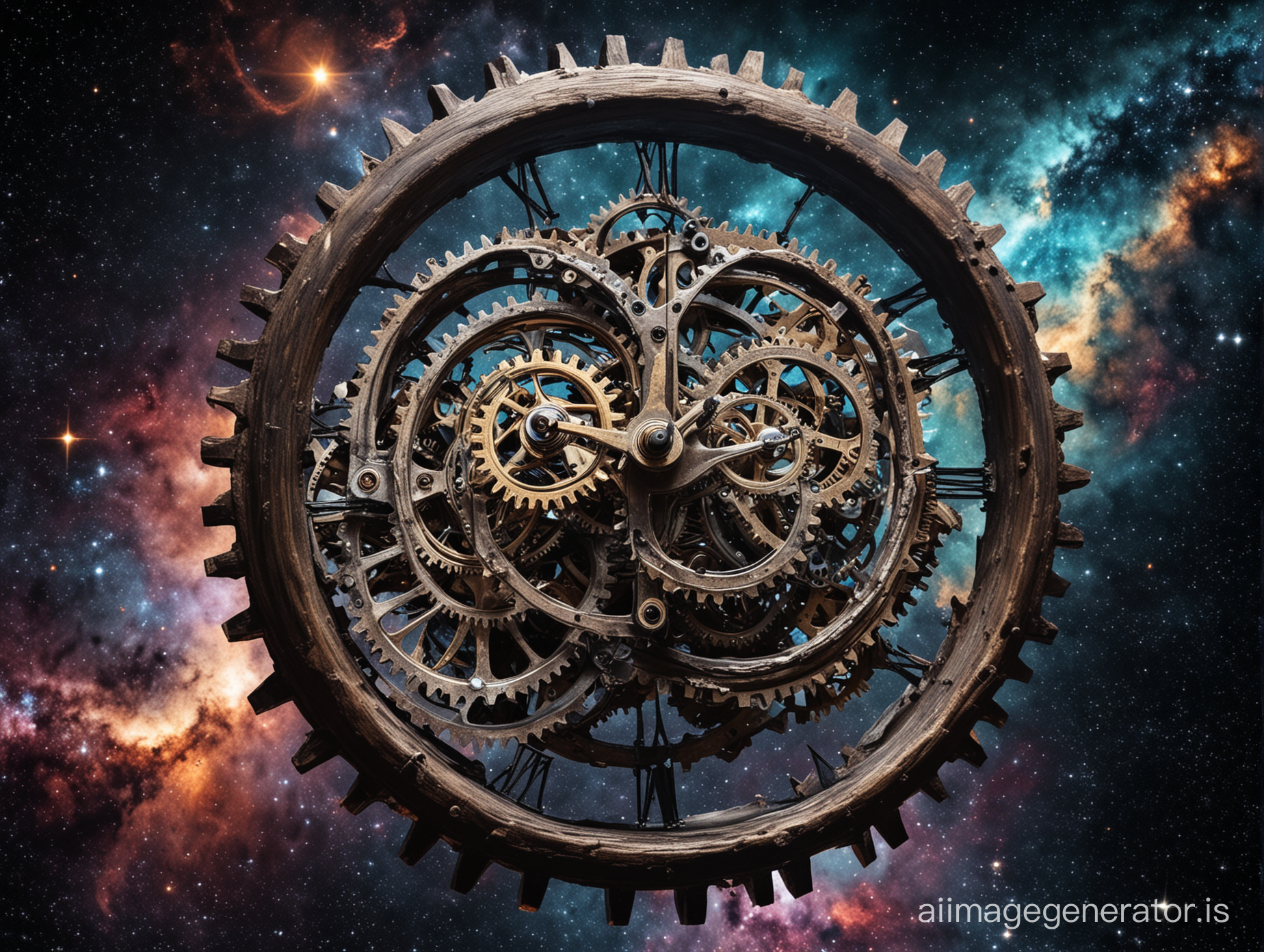 Clock gears spinning through space