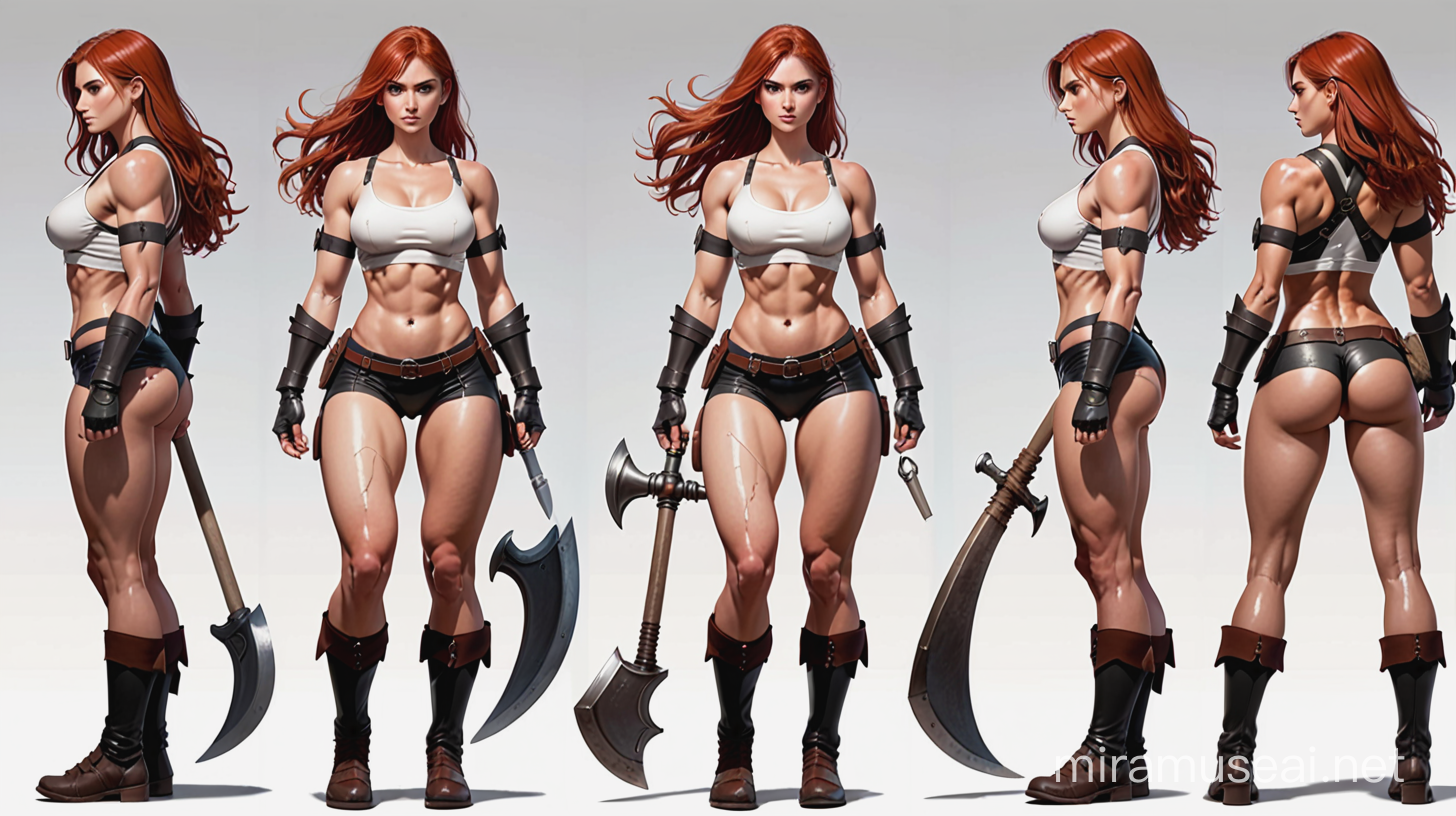 Character reference sheet, character ture around, Muscular woman, defined muscles, NieR style, long red hair, Ripped clothes, axe, leather armor, combine Kate Upton with Natalie Portman