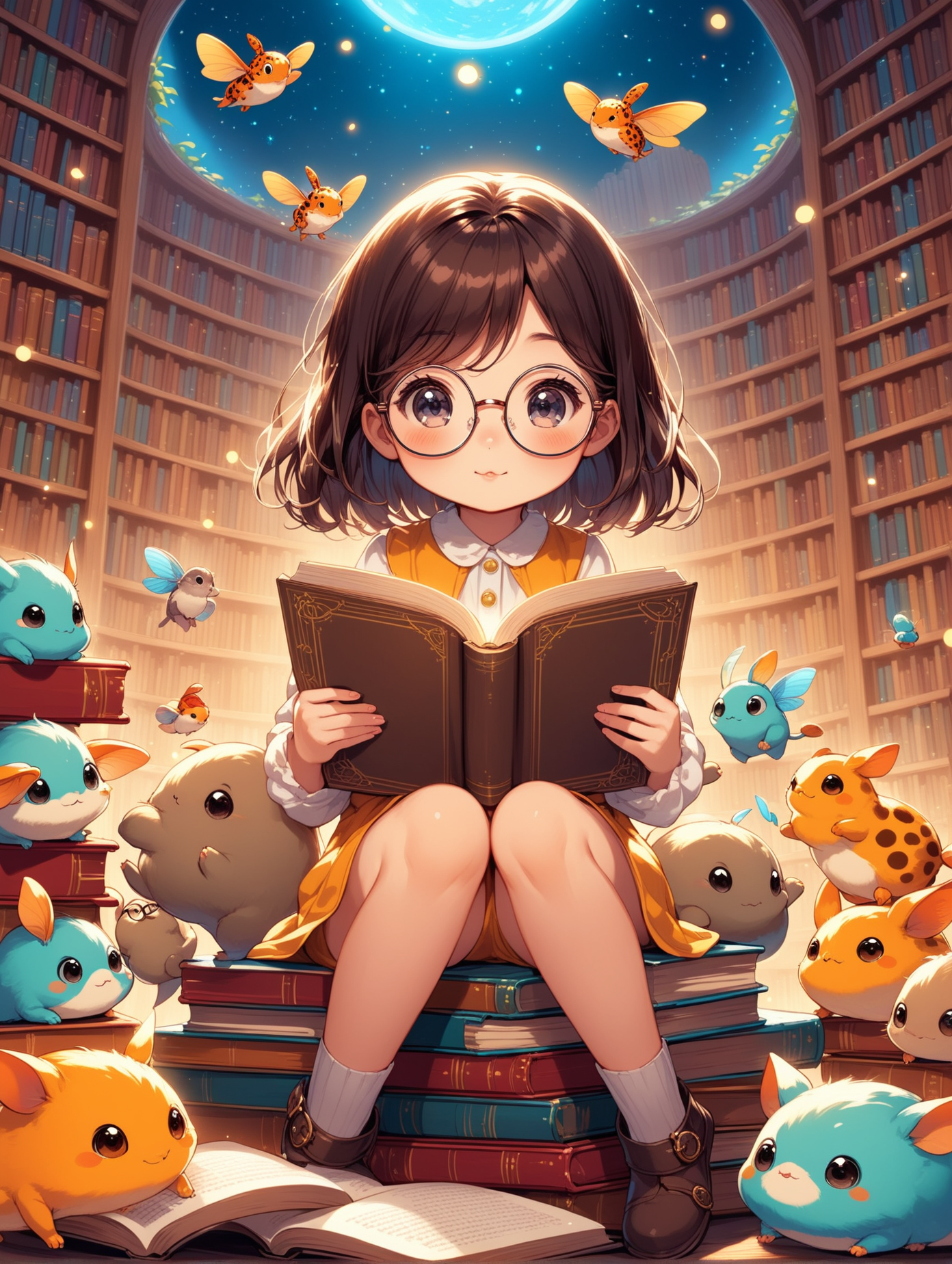 a cute little cartoon girl wearing big round glasses, surrounded by little creatures, reading a book, and sitting on different books in a fantasy library