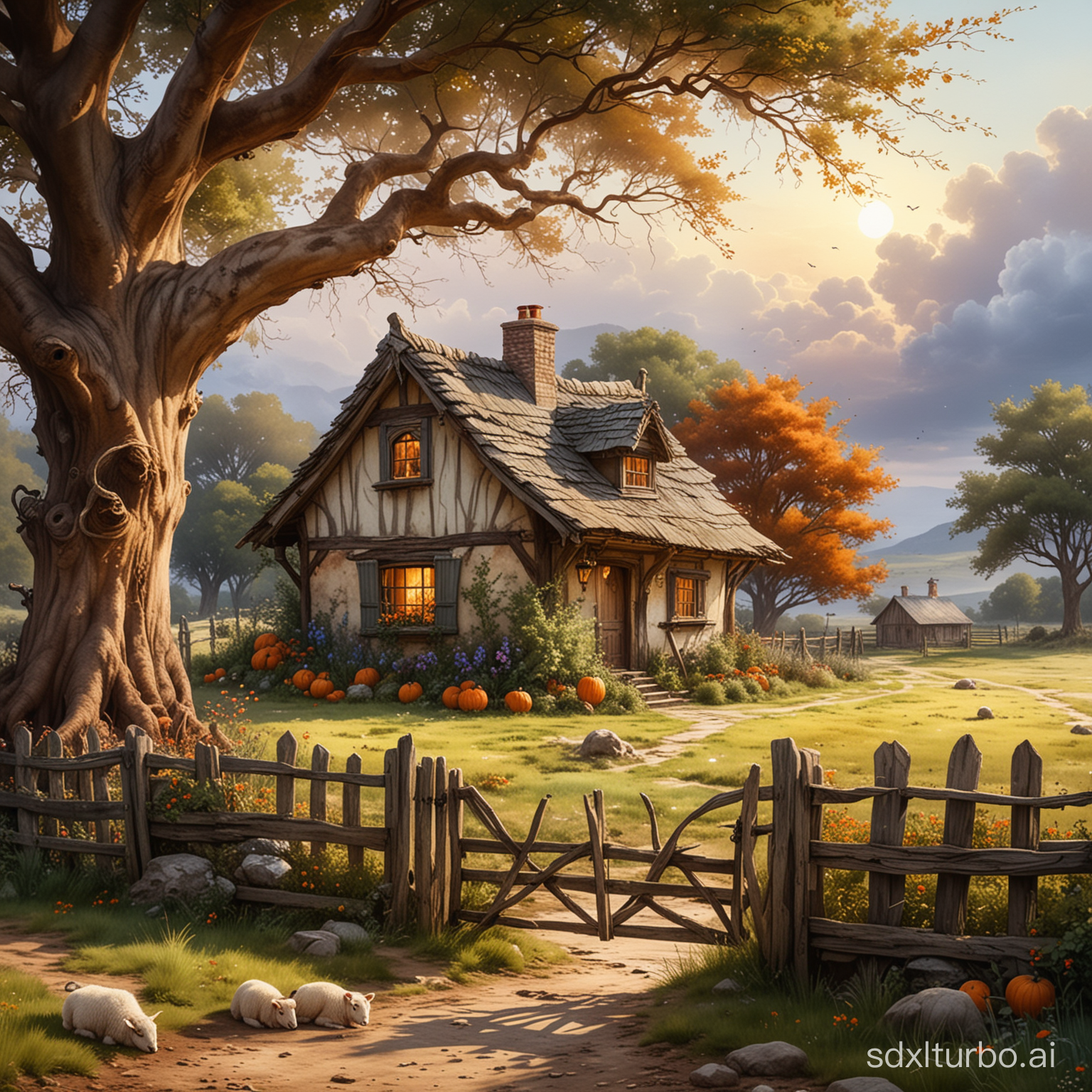 a hyper-realistic 3D HD watercolor alcohol ink depiction of a charming old cottage nestled under the sprawling branches of an ancient tree in a tranquil fantasy setting. There should be a weathered wooden gate in the foreground, a rustic fence, an overcast sky indicating early morning or approaching dusk, a pumpkin on the ground, and sheep grazing, all adding to the pastoral mood. The artwork should convey the feel of a bygone era, reminiscent of a fairy tale or a peaceful retreat in a fantasy novel.