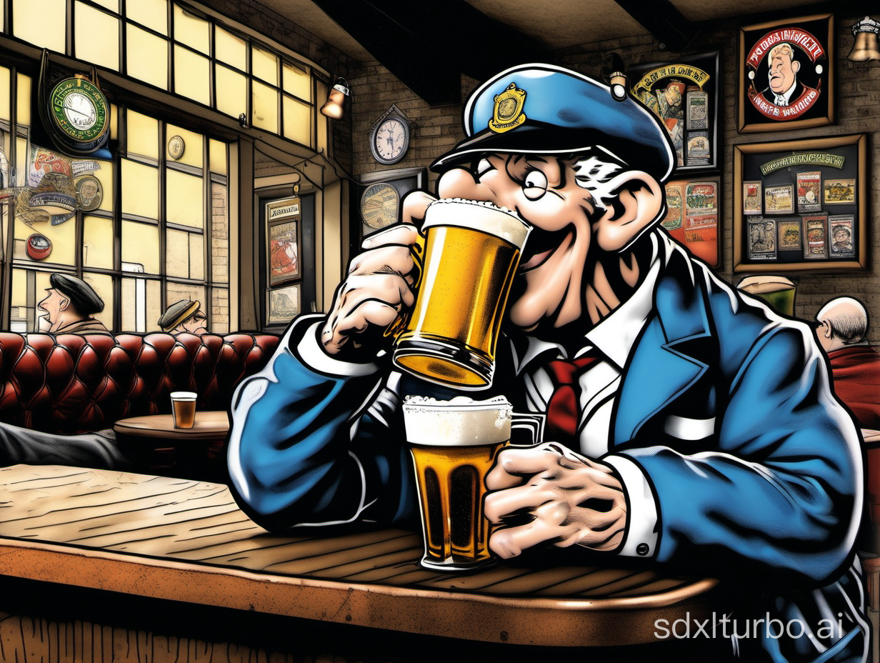 Comic book character Andy Capp drinking a pint of beer in a British pub rendered in an extreme photo realistic style