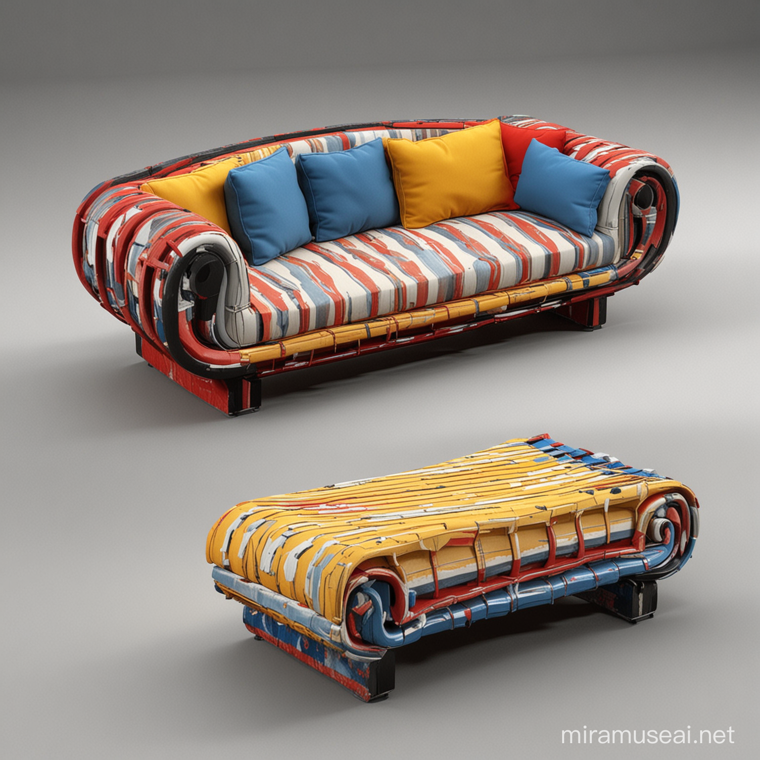 Design and make a render for a piece of mobile landscape furniture sofa woodand create projections for it, using the colors red, blue, yellow, black, and white, and creating simple curved lines.