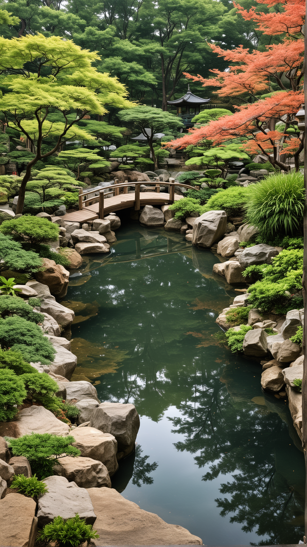 Tranquil Japanese Pool Garden with Blossoming Sakura Trees