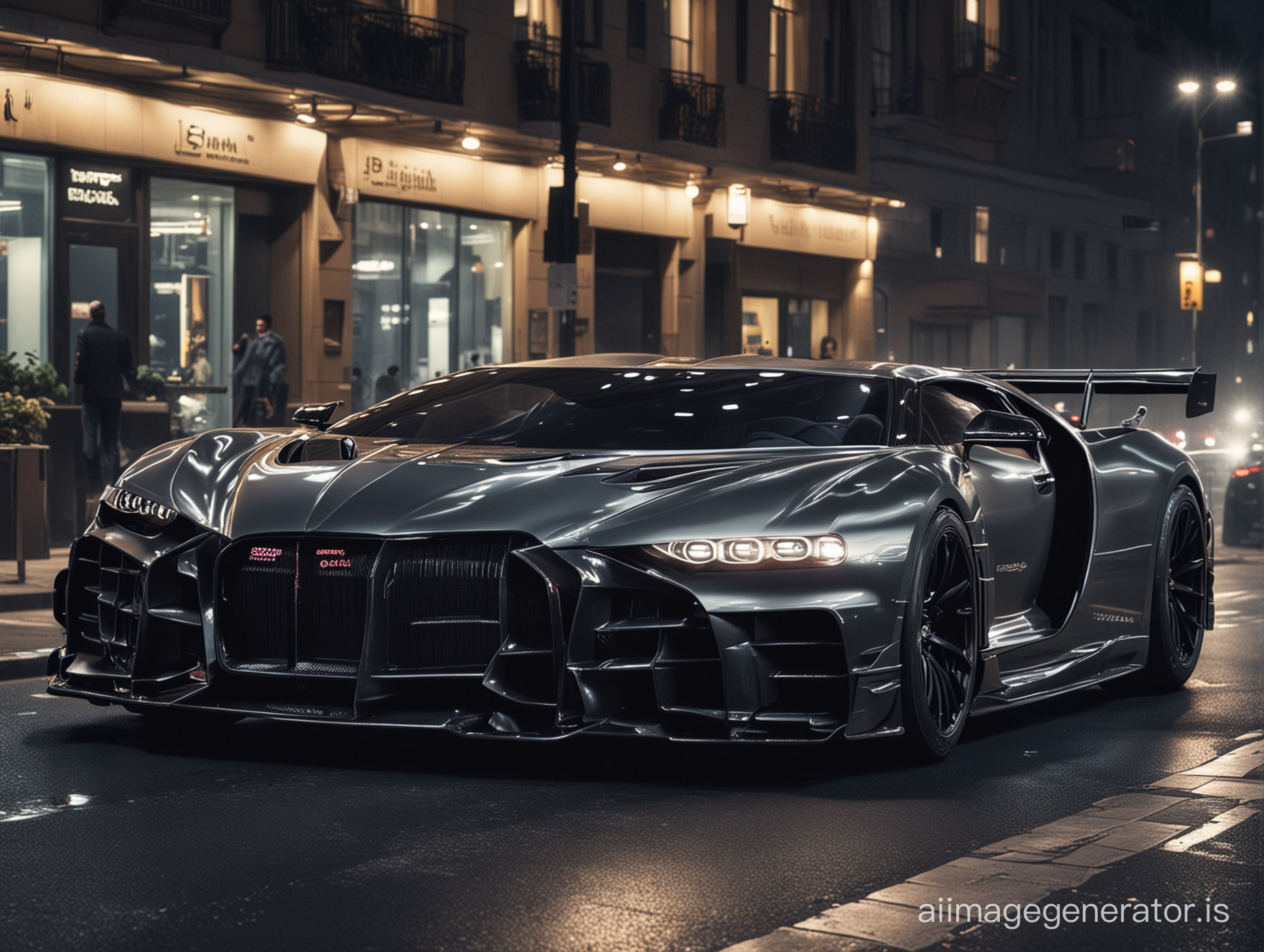 Create a concept car from a bugatti car and from Nissan GTR r34 driving at night in the city