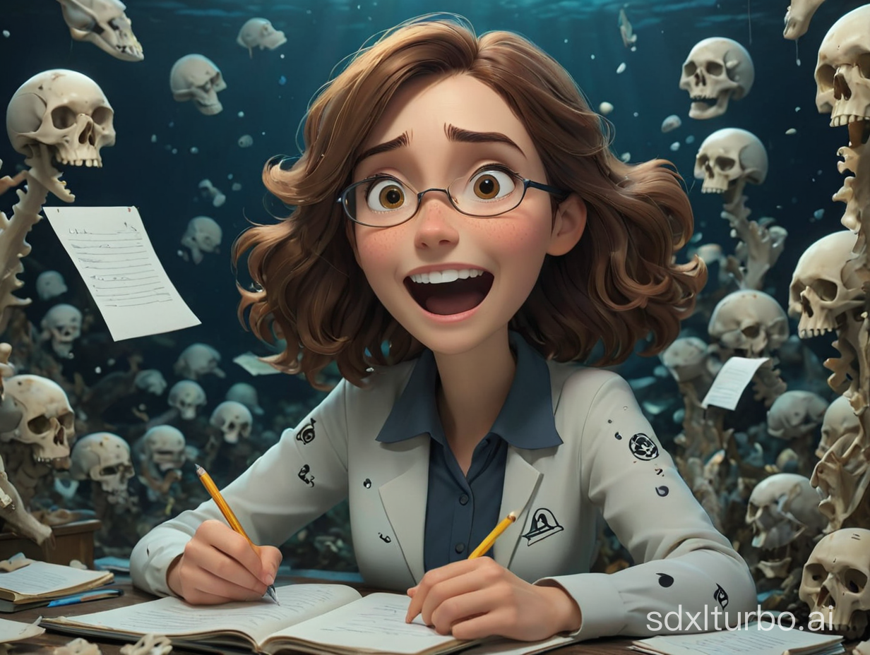 There is an English teacher in the deep sea, and in front of her is a student surrounded by a test paper and a notebook.This place is very scary, and there are bones everywhere.Their expressions are very happy