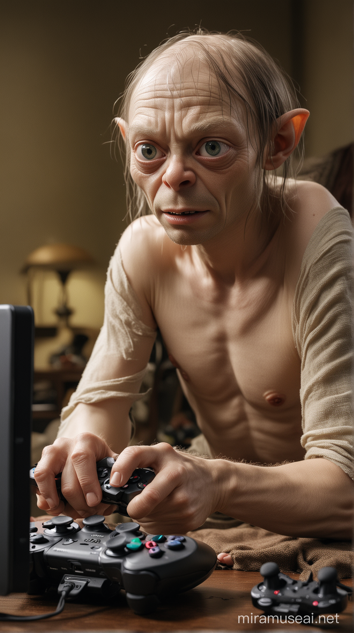 Gollum Playing Playstation Captivating Documentary Image of Fictional Character Engaged in Modern Entertainment