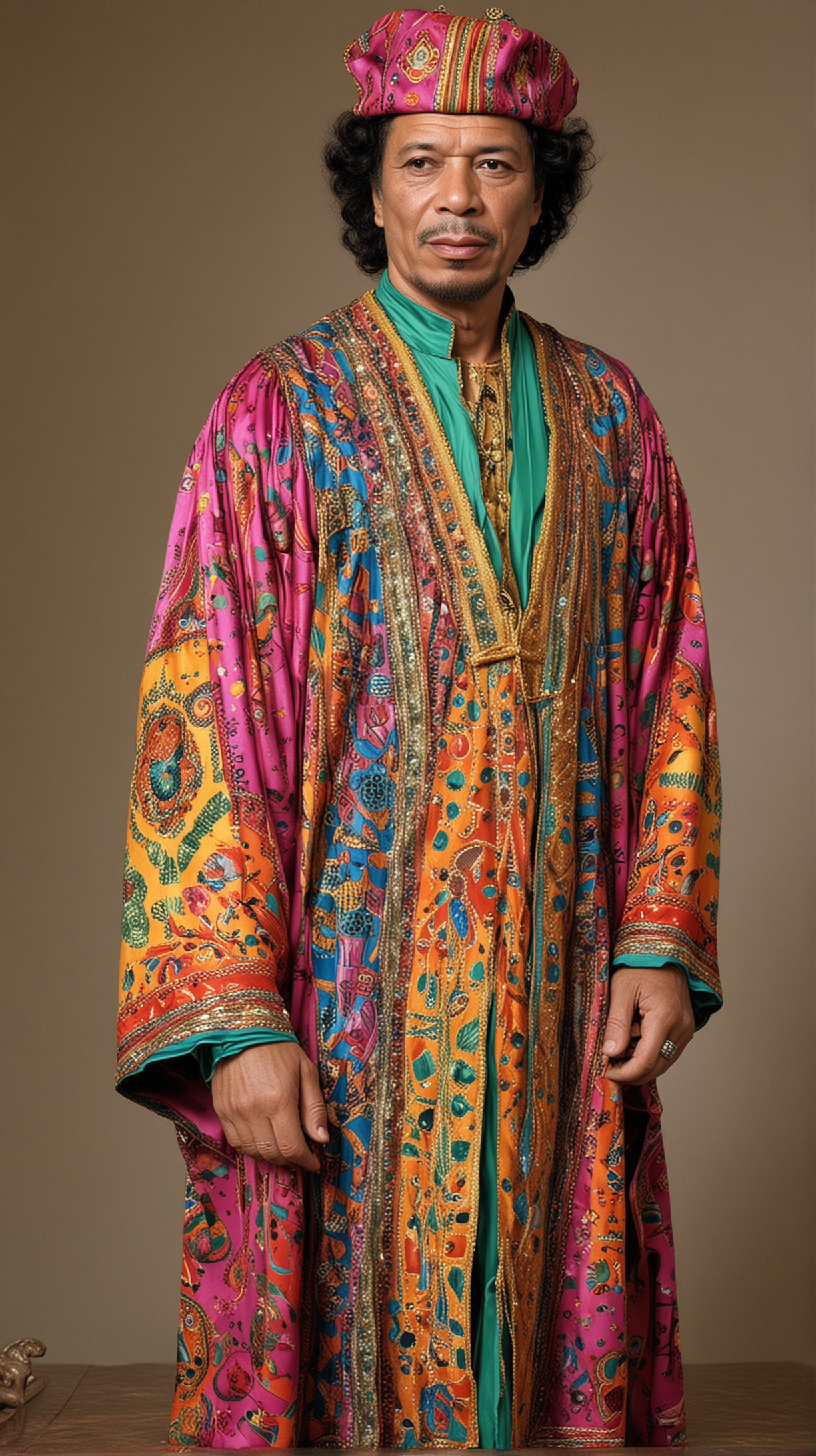 Muammar Gaddafi in a vibrant, colorful robe, showcasing his eccentric fashion sense.