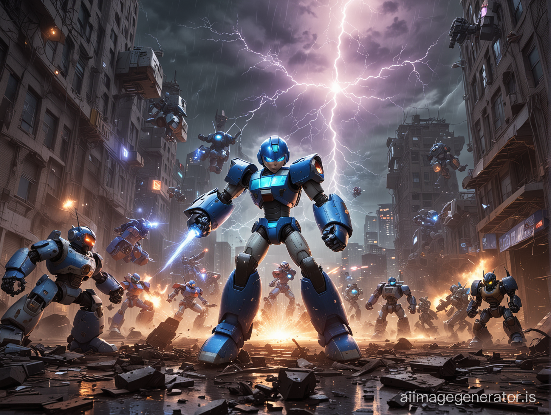 battle scarred megaman fighting a bunch of robots at night in a broken city with lightning flashing overhead