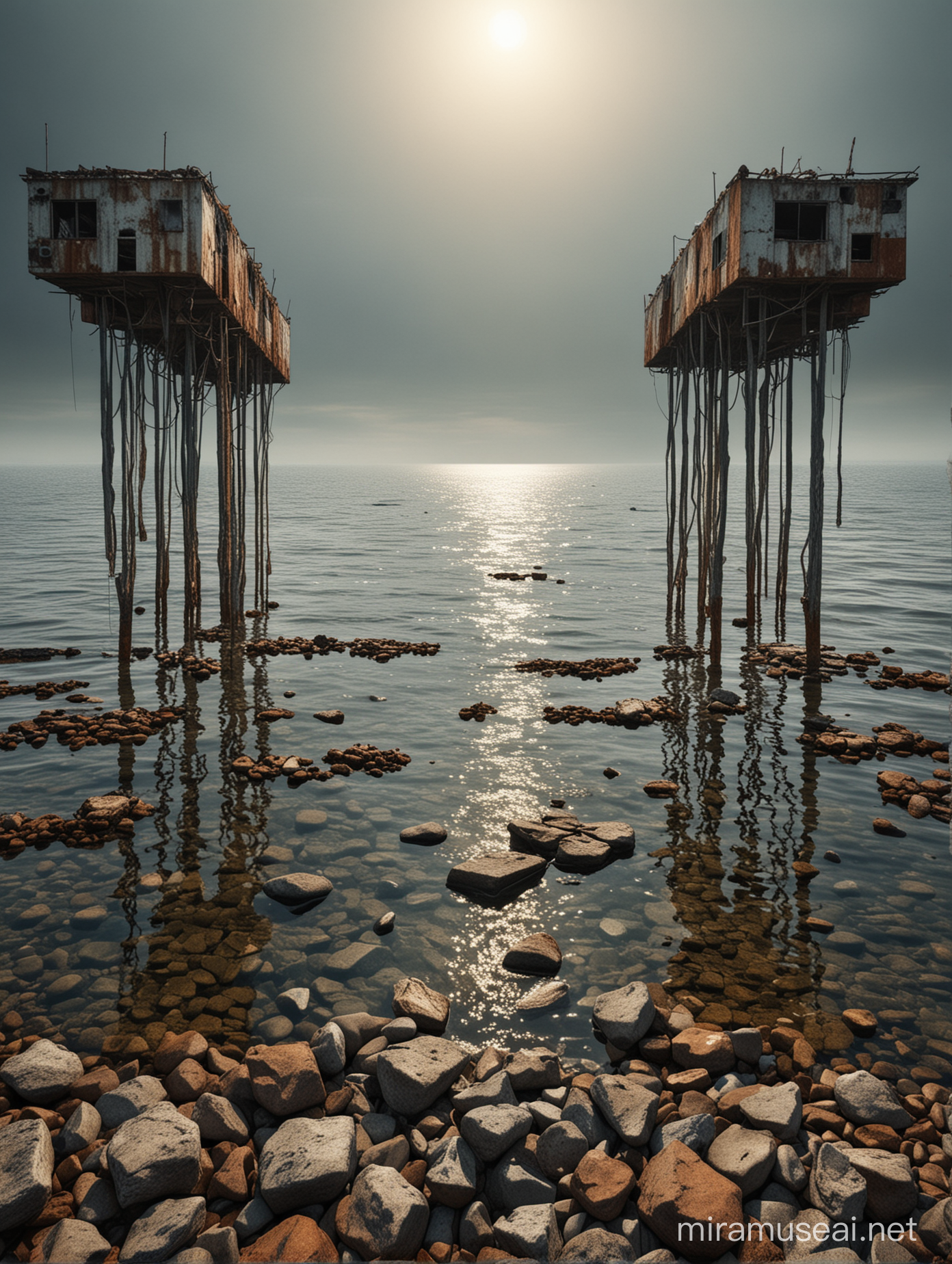 Mysterious Seaside Landscape with Abandoned Steel Structures
