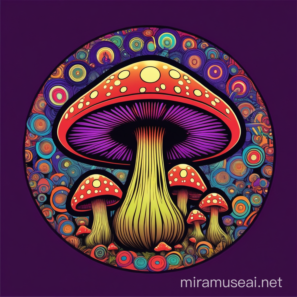 trippy colorful mushroom design with a circle around it