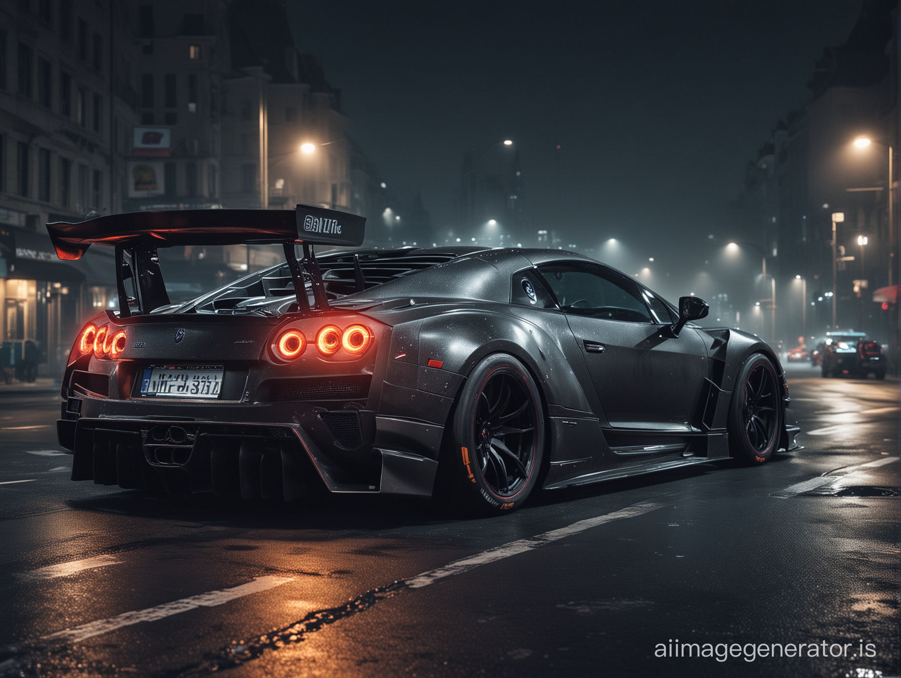 Create a tuning car from a (bugatti Nissan GTR r34 Lamborghini and Pagani) driving at night in the city dark drifting