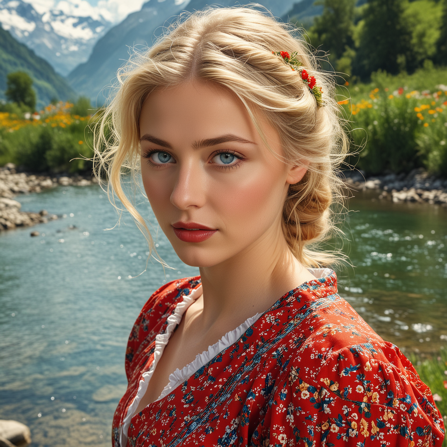 beautiful, Swiss woman with blond hair, beautiful large blue eyes, high cheek bones, pouty red lips, 26 years old, dressed in Swiss tradition clothing, near a river, Swiss alps, spring wildflowers, Renoir, colorful, vivid, vibrant, blue, orange, gold, natural and dramatic lighting, extremely detailed, hyper resolution, HD, 3D,