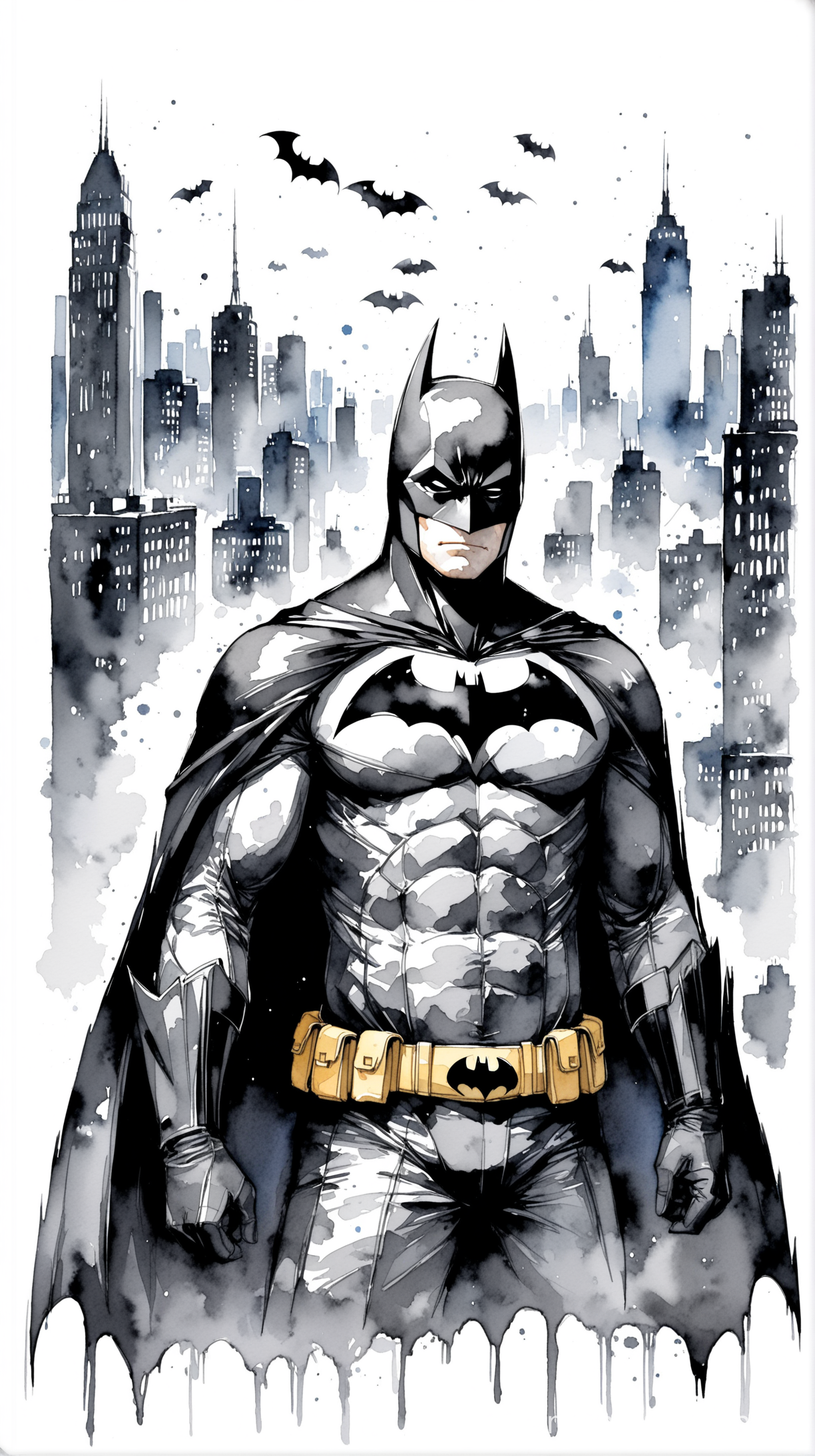 Watercolor Batman png with a city background. Grays and Blacks