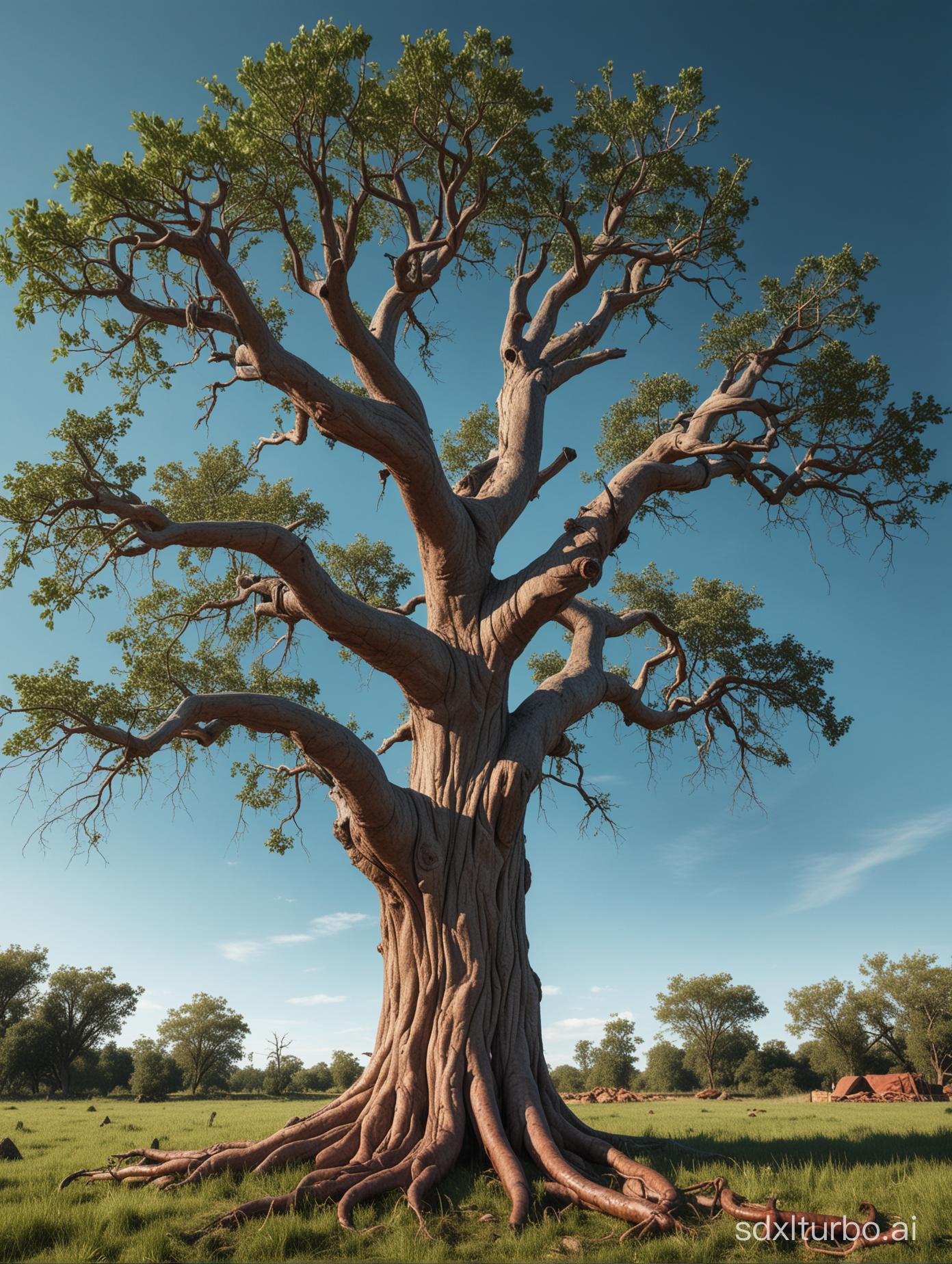 A clear blue sky shows towering old gnarled tree in a field with twisted branches having many  meat sausages and wieners growing from it's branches and green leaves an extremely photo realistic image generation.