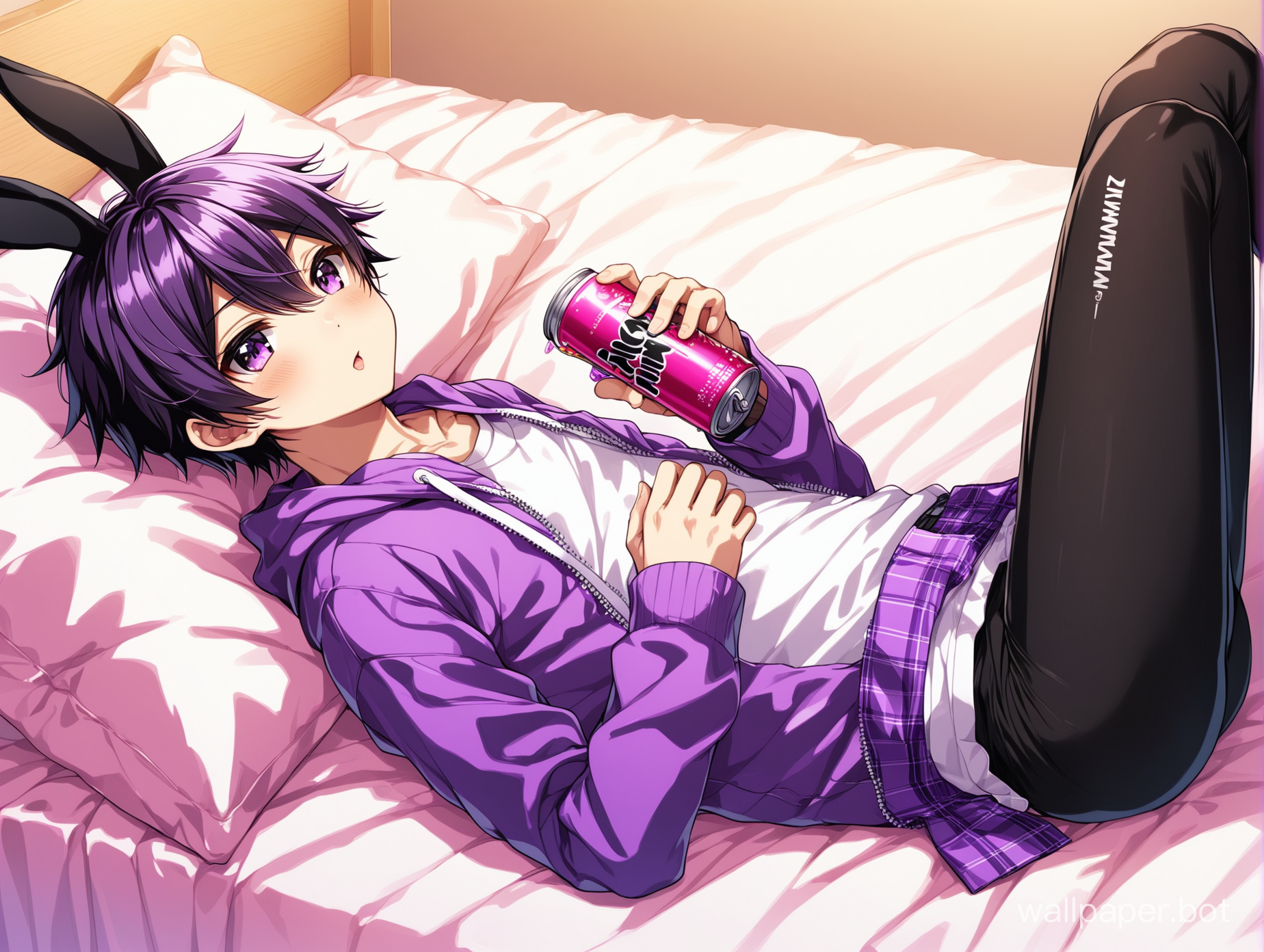 Male Anime Bunny shota kawaii wearing a skirt and leggings, laying on a bed, drinking an energy drink. Pink, White, Purple, Black