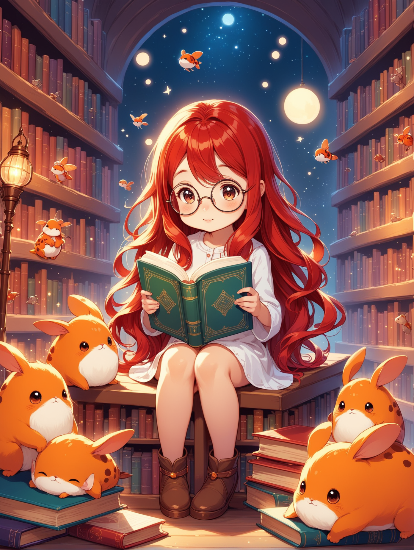 a cute little cartoon girl wearing big round glasses, red long curled hair, surrounded by little creatures, reading a book, and sitting on different books in a fantasy library