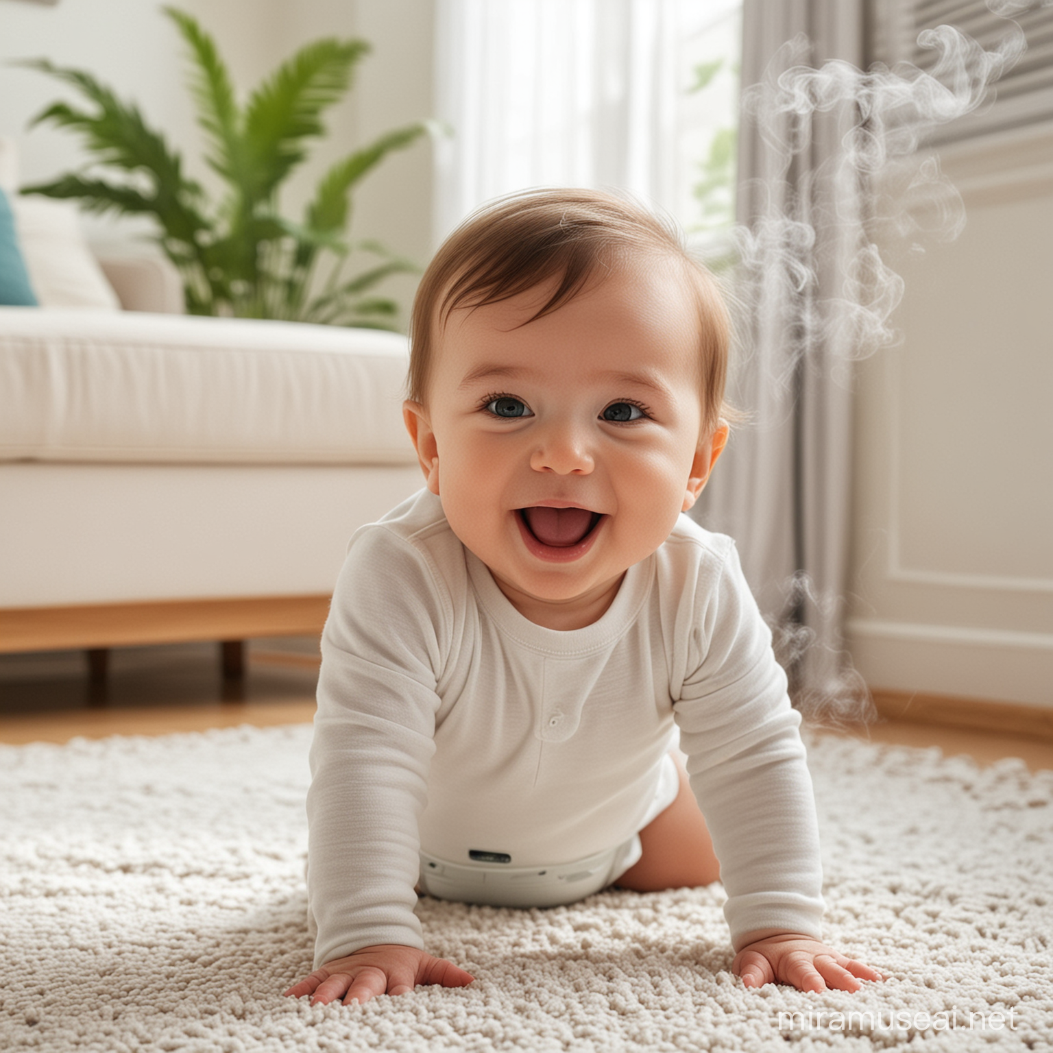 a happy baby enjoying clean and fresh air produced by a home air purifier device