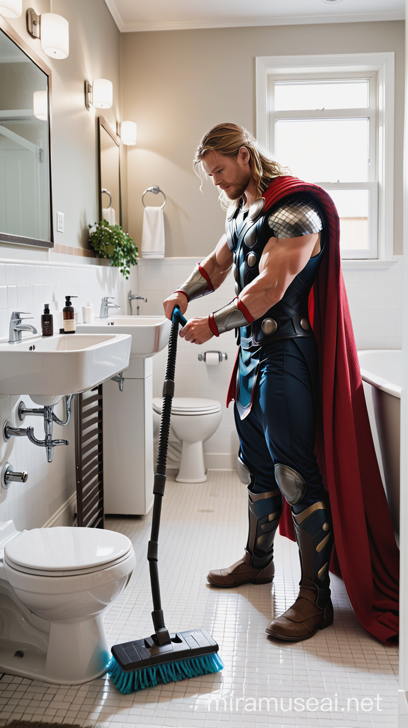 Documentary photo of Thor cleans the bathroom --style raw --s 750 --ar 71:128 --v 6