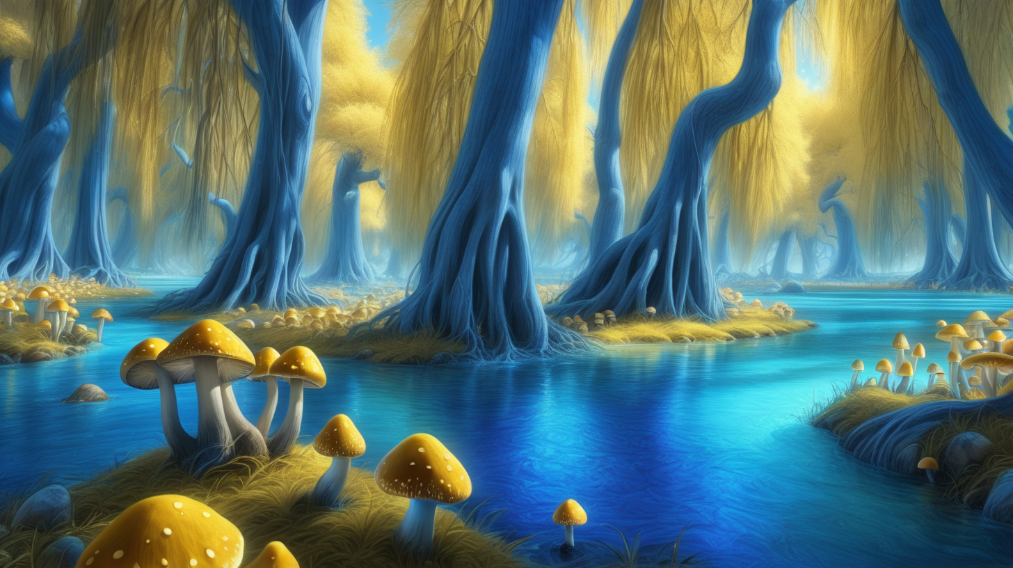 Forest of Bright royal-blue big, weeping willow trees surrounded by yellow mushrooms. Bright-blue-river. Daylight, 8k, fantasy, glowing.