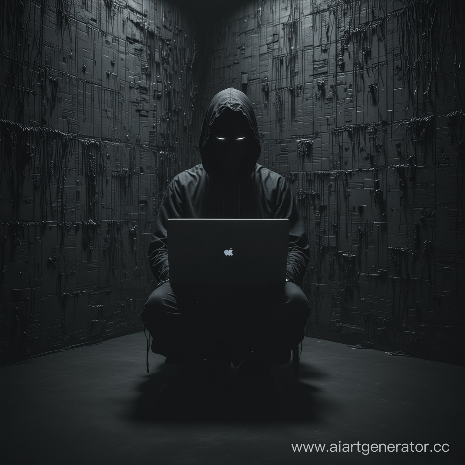 Темный хакер без лица просто все черное, сидит в комнате, программирует странные стены, кртуо темновато