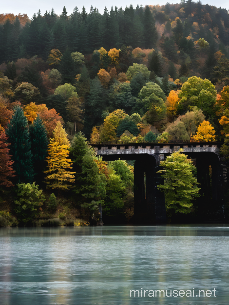 Immagina una foto realistica e accattivante di un vecchio ponte ferroviario che emerge da un bosco sul lago. Il punto di vista è dal piano dell'acqua. Il lago è uno specchio di acqua leggermente increspata e riflettente su cui poggiano gli alberi del bosco. Il foliage è autunnale. Il ponte è parzialmente avvolto da piante rampicanti. Aggiungi dettagli accurati e realistici alla scena. L'atmosfera è misteriosa e affascinante, fotorealistica, accattivante. Una leggera nebbiolina rende il tutto vagamente sospeso. 