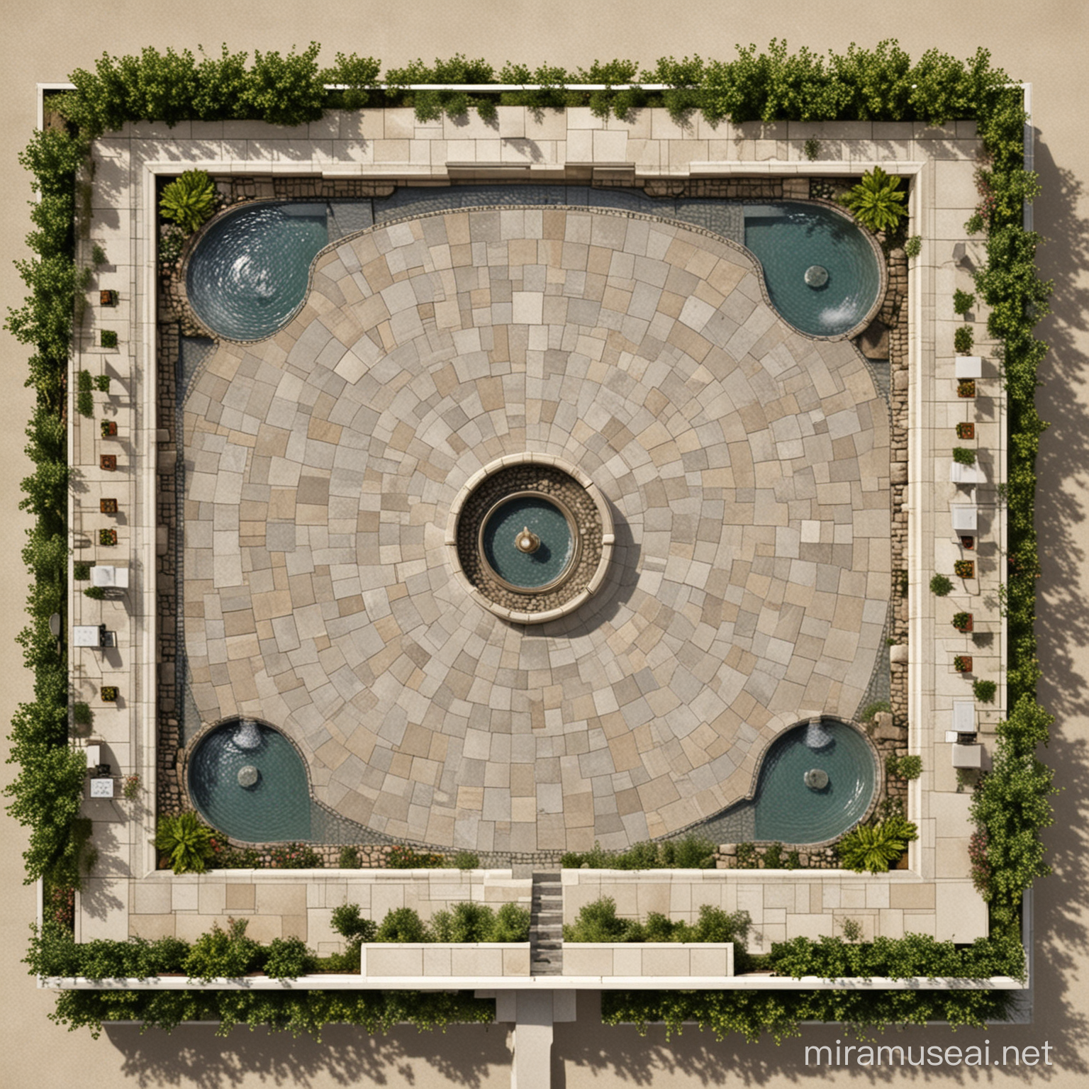 给我一张中间带有喷泉的休闲广场平面设计图，非对称