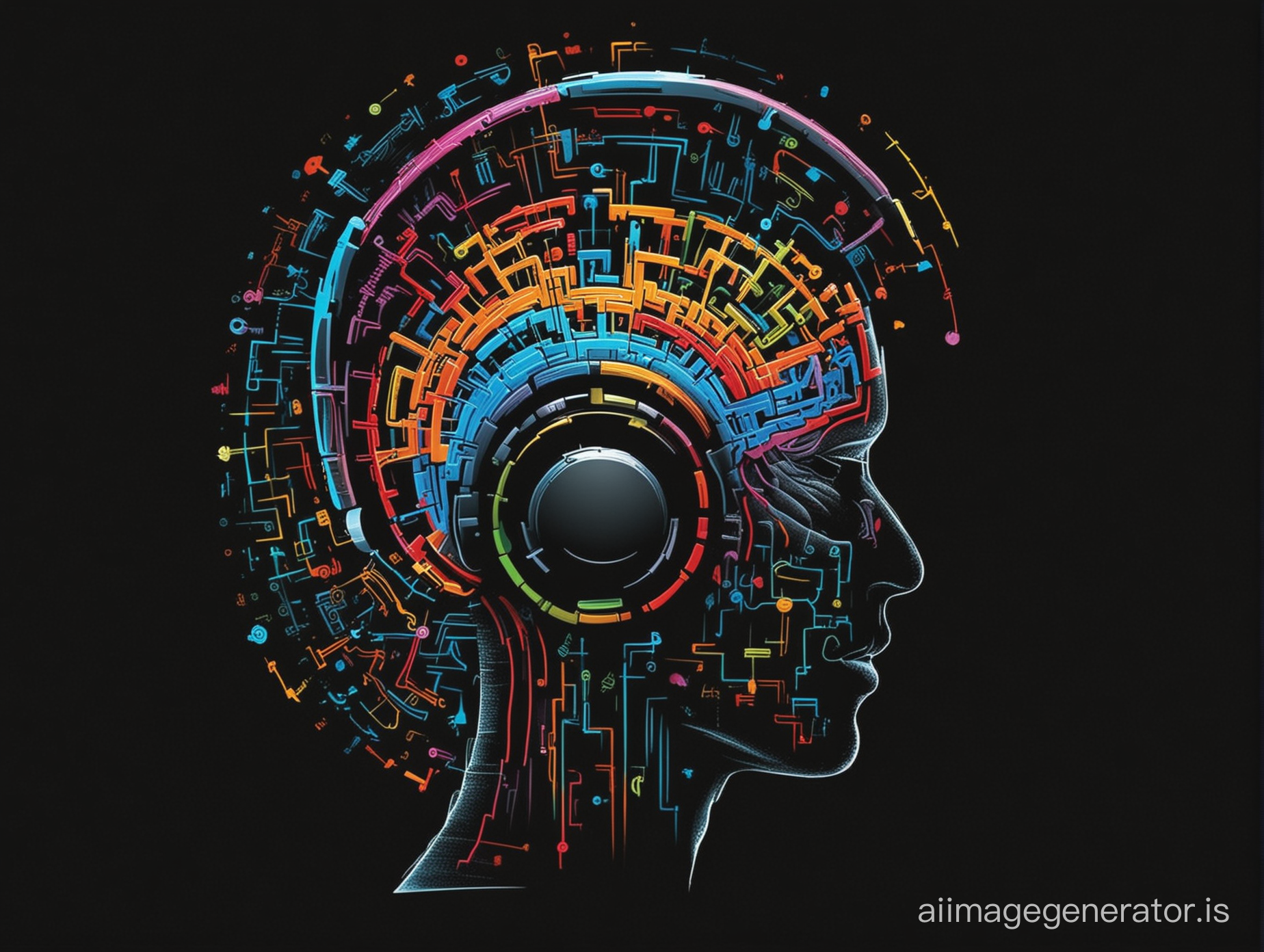 A human head  with no eyes diagram with a labyrinth as a brain and using headphones side view, colourful, schematic vectorial silhouette, black background