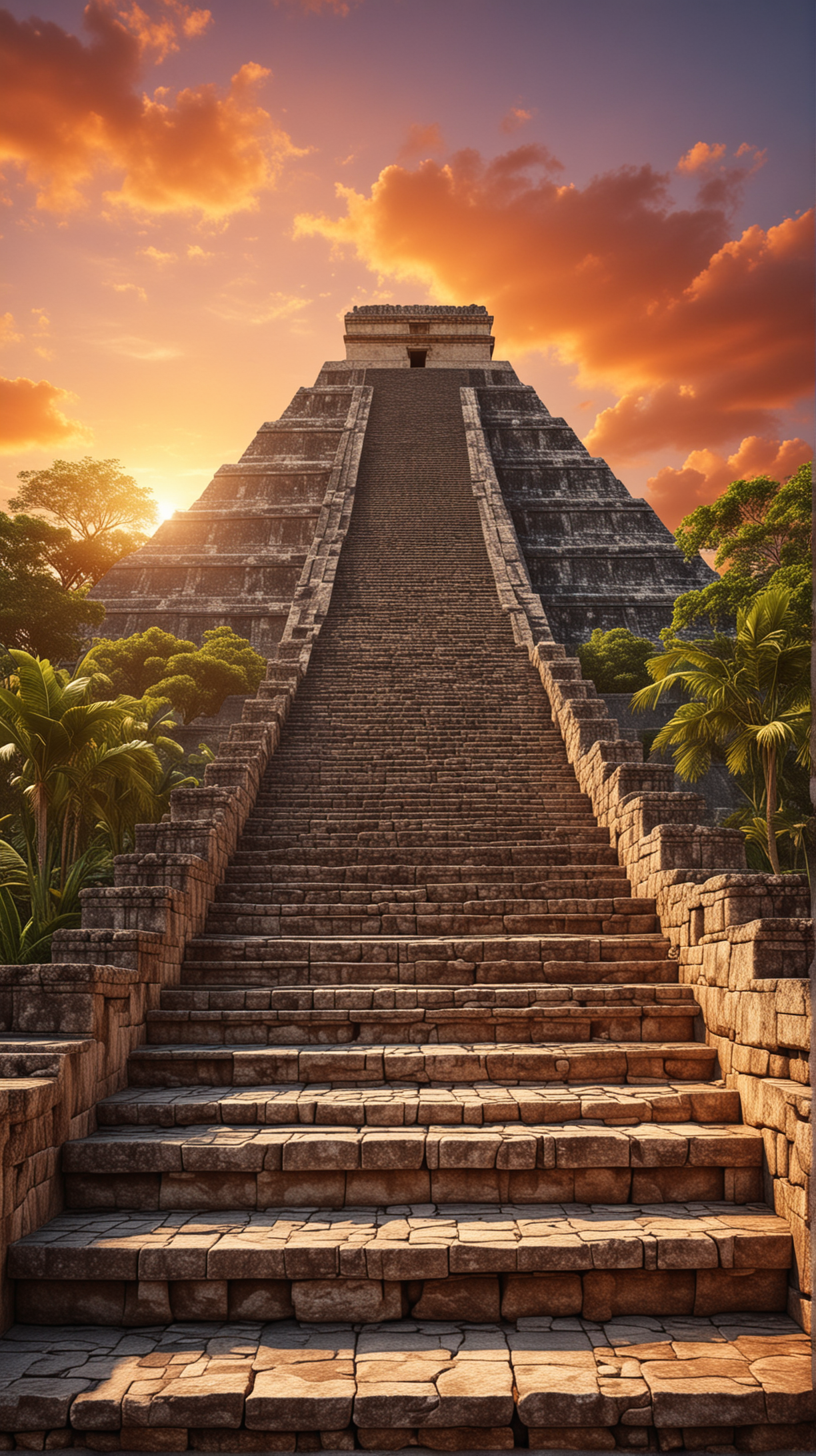 An ancient Maya pyramid rising majestically against the backdrop of a vibrant sunset, its stone steps illuminated by the last rays of daylight. hyper realistic