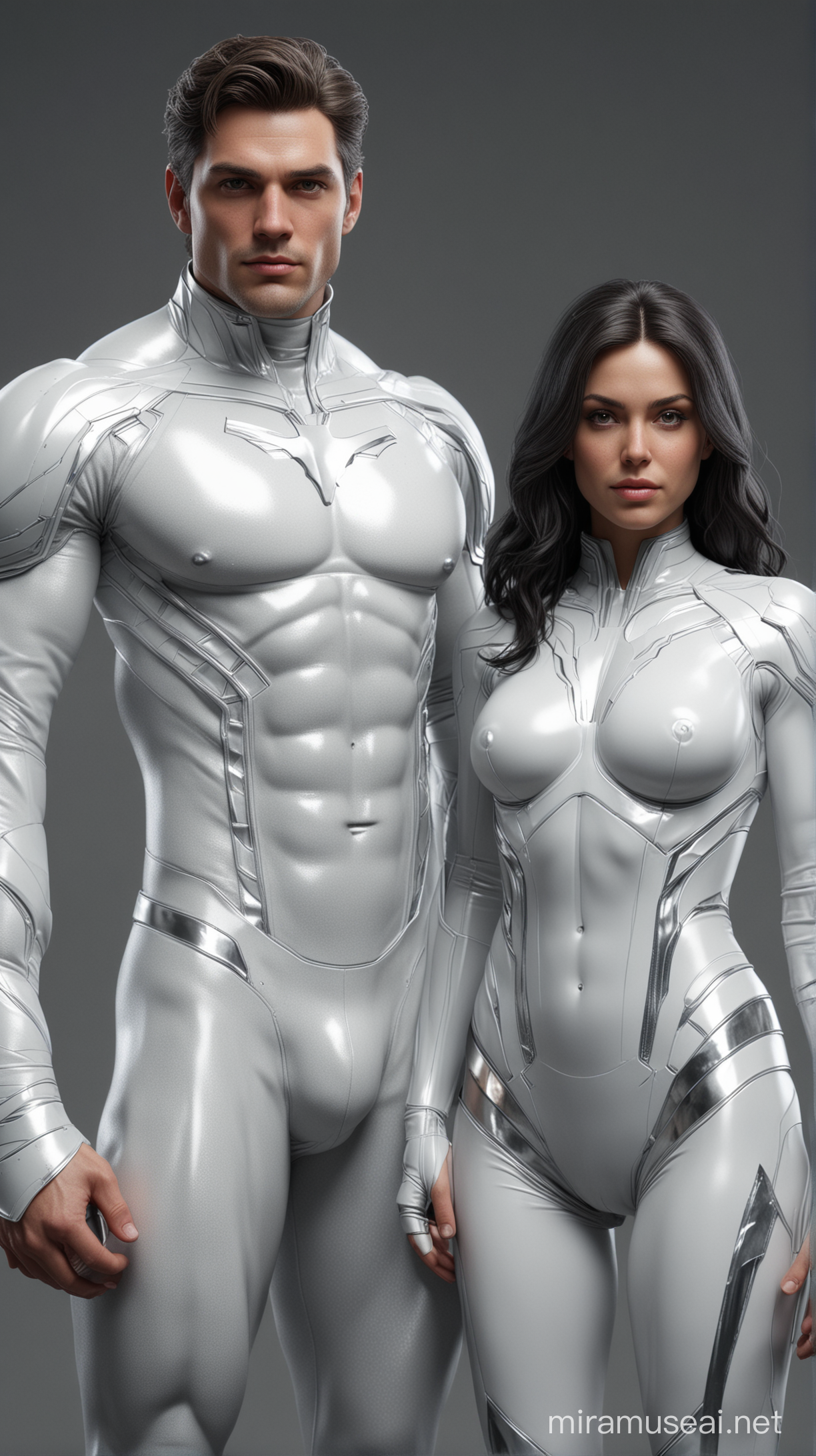 Full full body a beautiful couple, Conner Kent wearing white and silver and Donna Troy  wearing white and silver, standing firmly face frontal camera focus asymmetrical face details,charachter, beautiful, devian art, trending artstation, digital art, detailed, realistic, humanoide, character,cinematic sho ,cinematic lights, high textures, high resolution, dreamlikeart, 8k, highly detailed, stabilized diffusion  