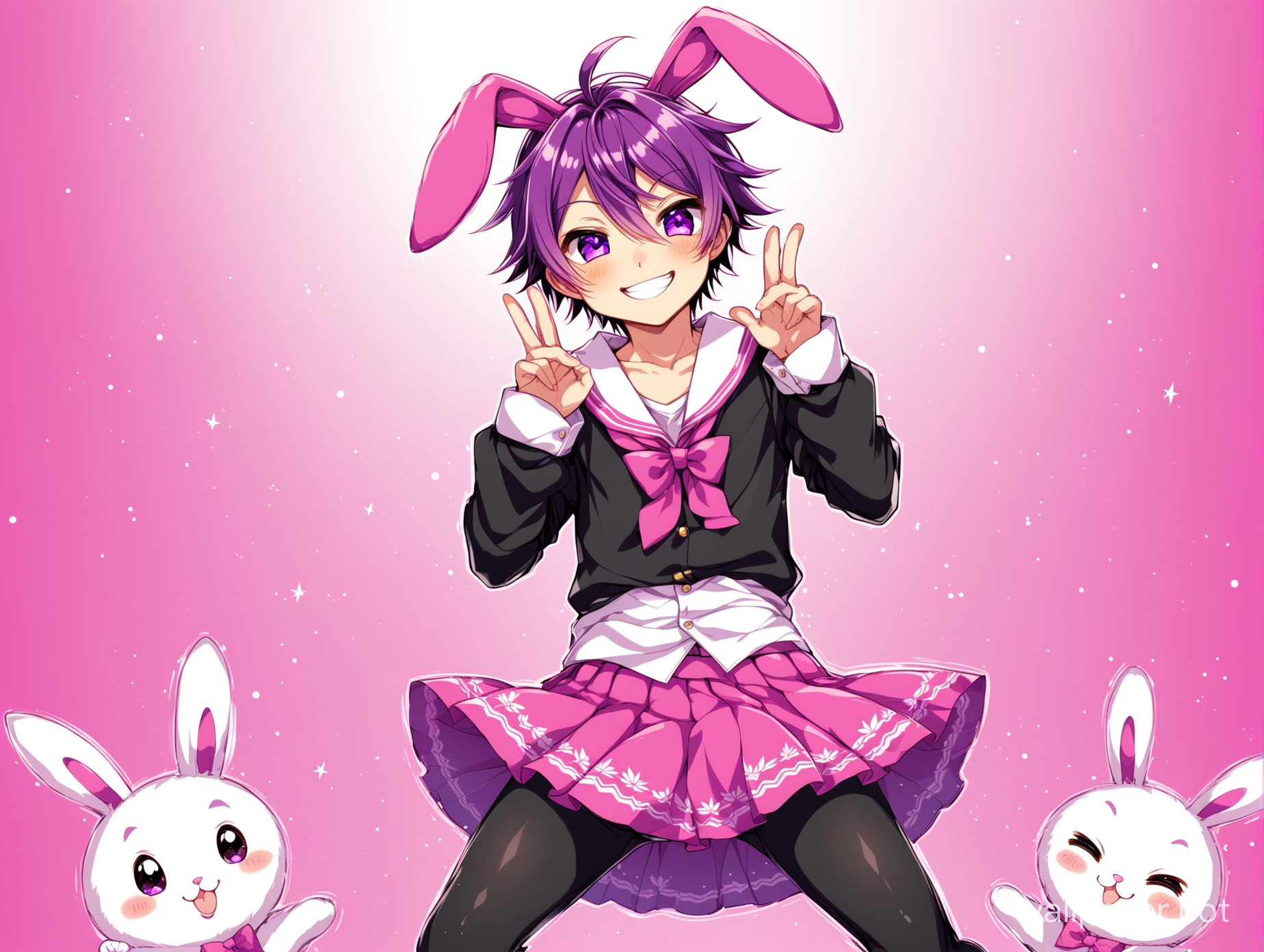 Male Anime Bunny shota kawaii wearing a skirt and leggings. Marijuana. Brat.  Intoxicated. Hypnotized Eyes. Smiling. Pink, White, Purple, Black