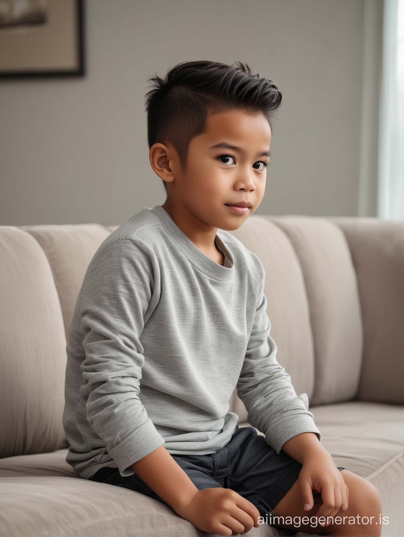 Seorang anak laki laki Indonesia umur 5 tahun pakaian casual, rambut undercut, duduk di sofa dengan  latar belakang interior klasik warna abu abu