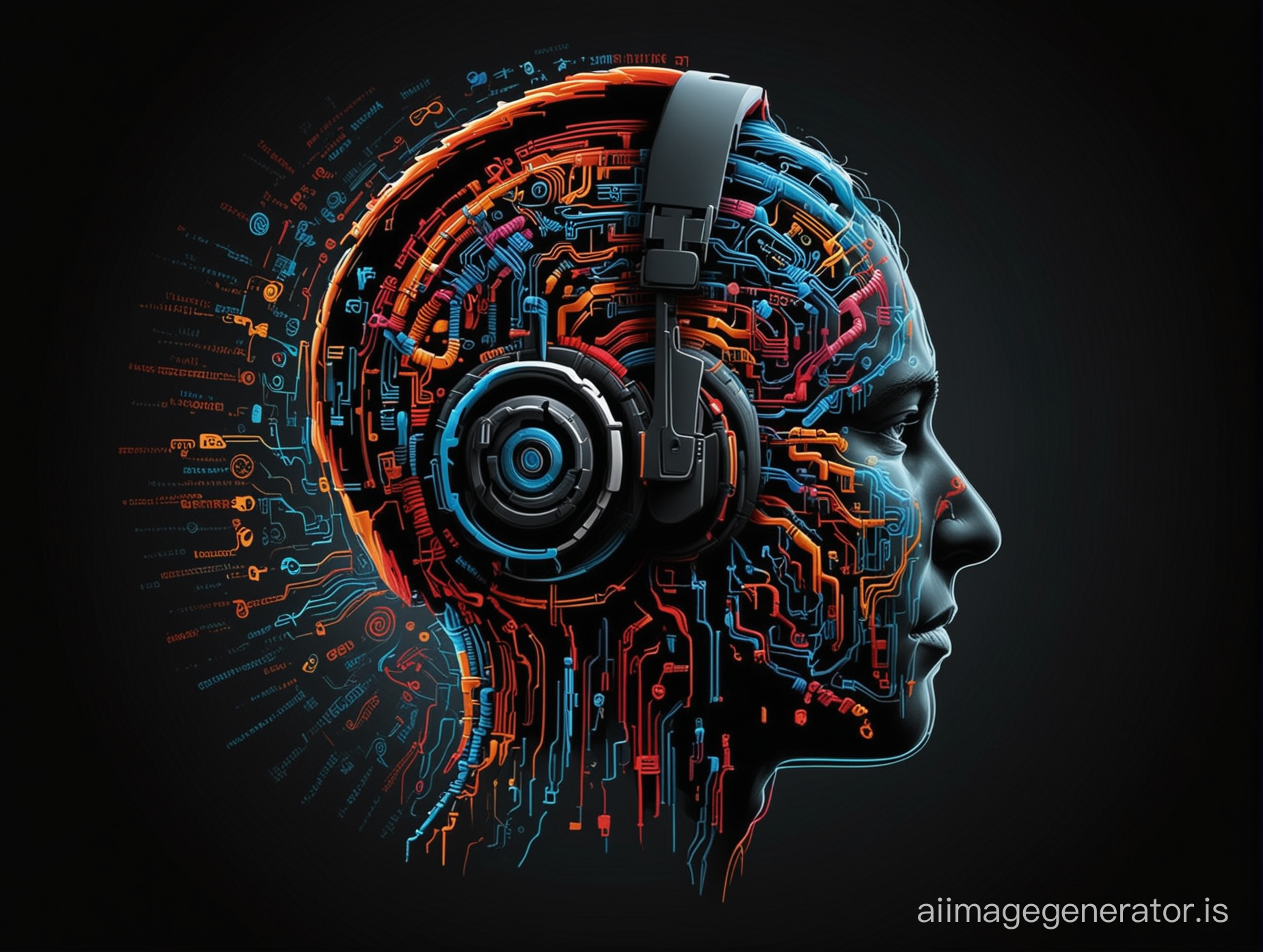 A human head  with no eyes diagram with a labyrinth as a brain and using headphones side view, colourful, schematic vectorial silhouette, black background