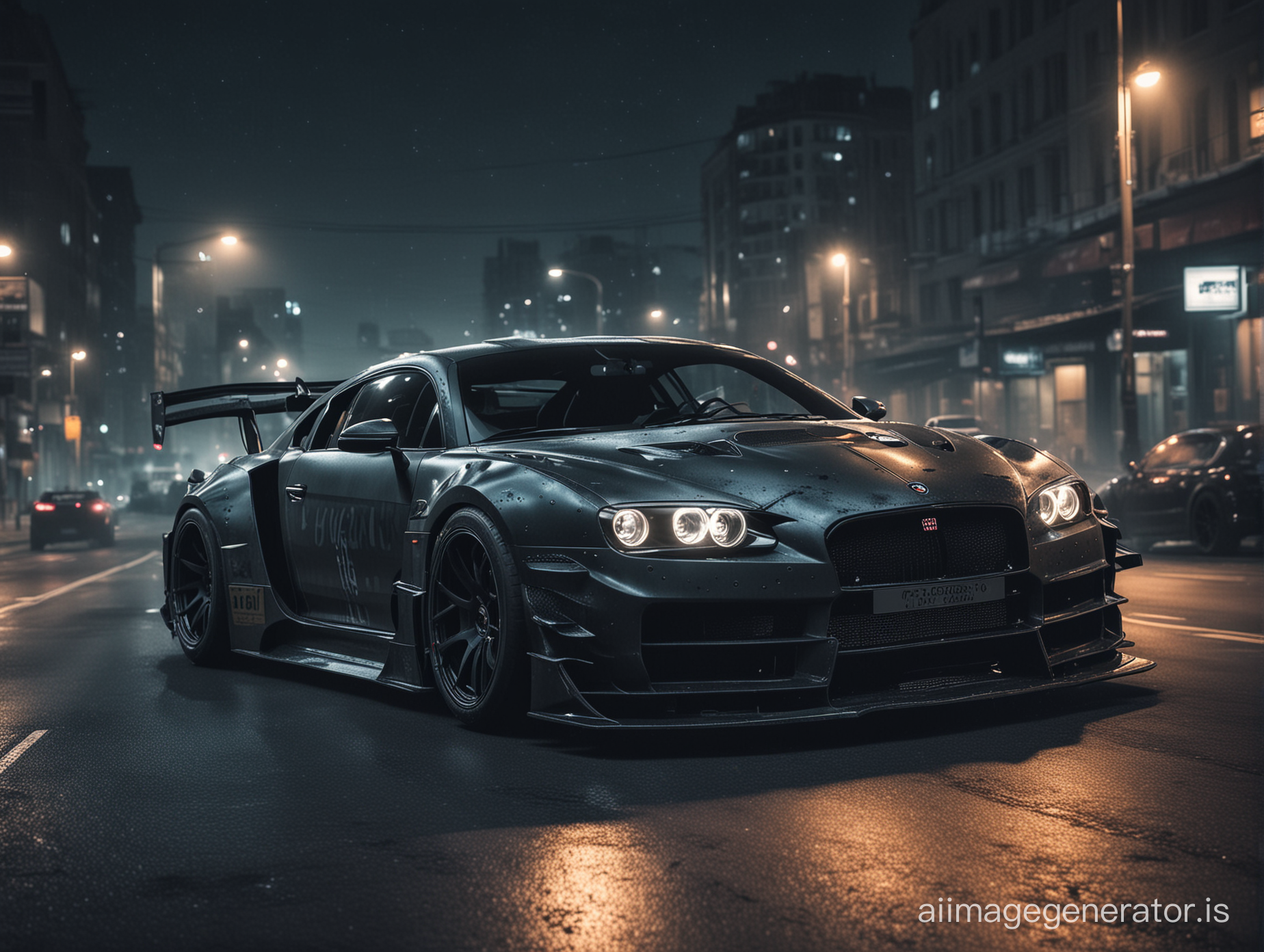 Create a tuning car from a (bugatti Nissan GTR r34 Lamborghini and Pagani BMW ) driving at night in the city dark  drifting 