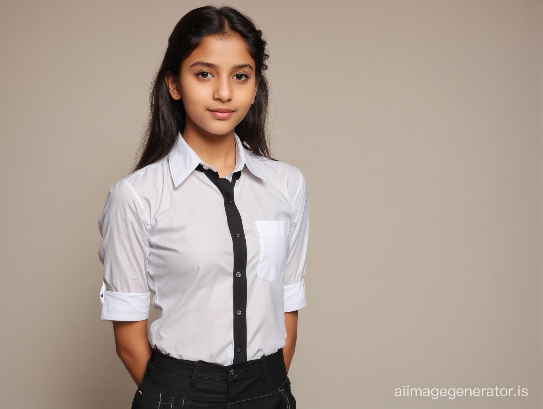 14 year Indian girl, fair skin, full body, school girl, black shirt, white top