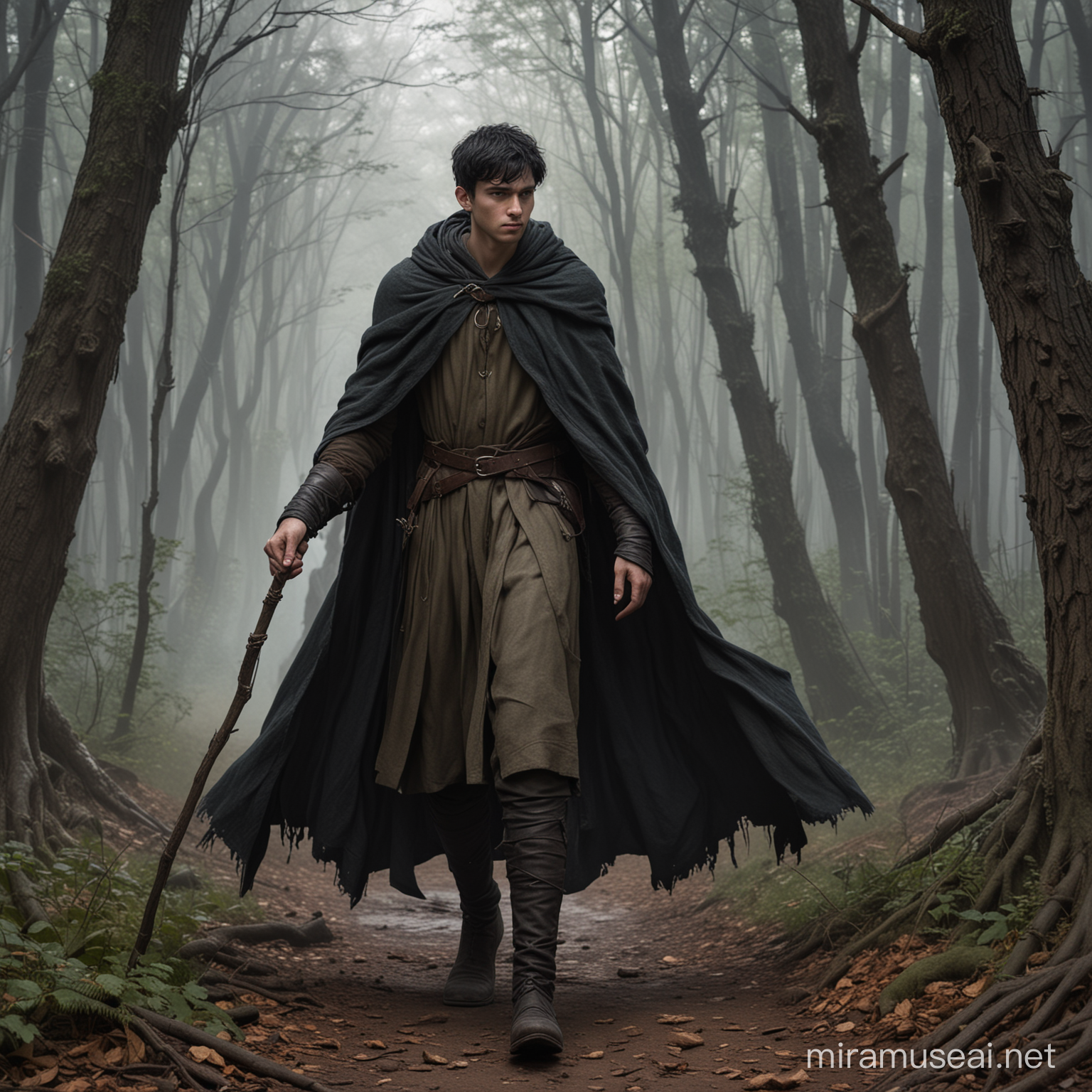 Thin young man, pale, short black hair, anxious, worried, wary, traveler's clothes, cloak, scarred hands, MtG art, Medieval fantasy art, forest, dark forest, woods, wandering, walking staff