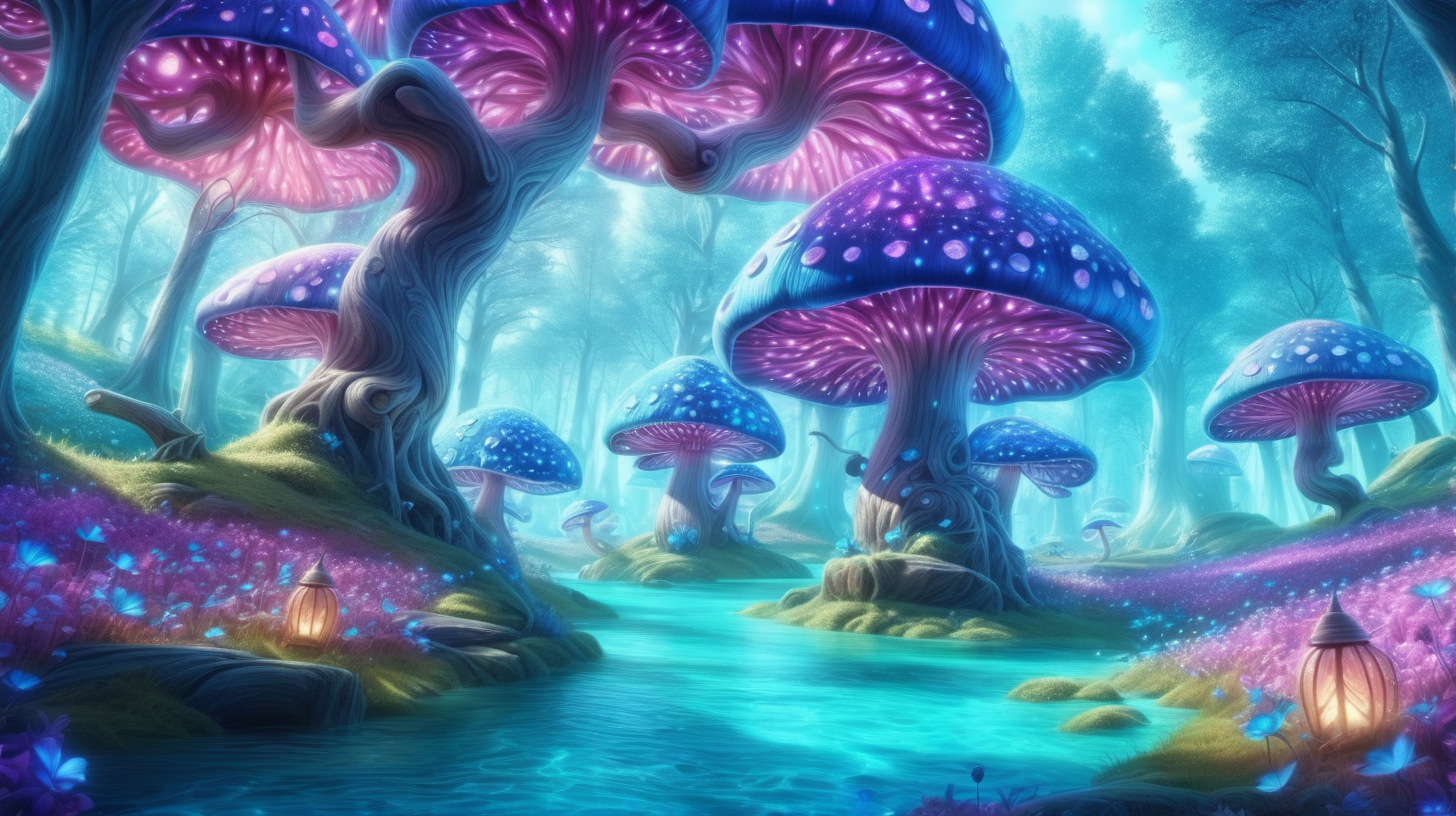 Forest of Bright royal-blue big, flower trees, purple, pink surrounded in turquoise dust. Bright-blue-river. Daylight, 8k, fairytale mushrooms, glowing. Magical, fantasy and potions and lanterns