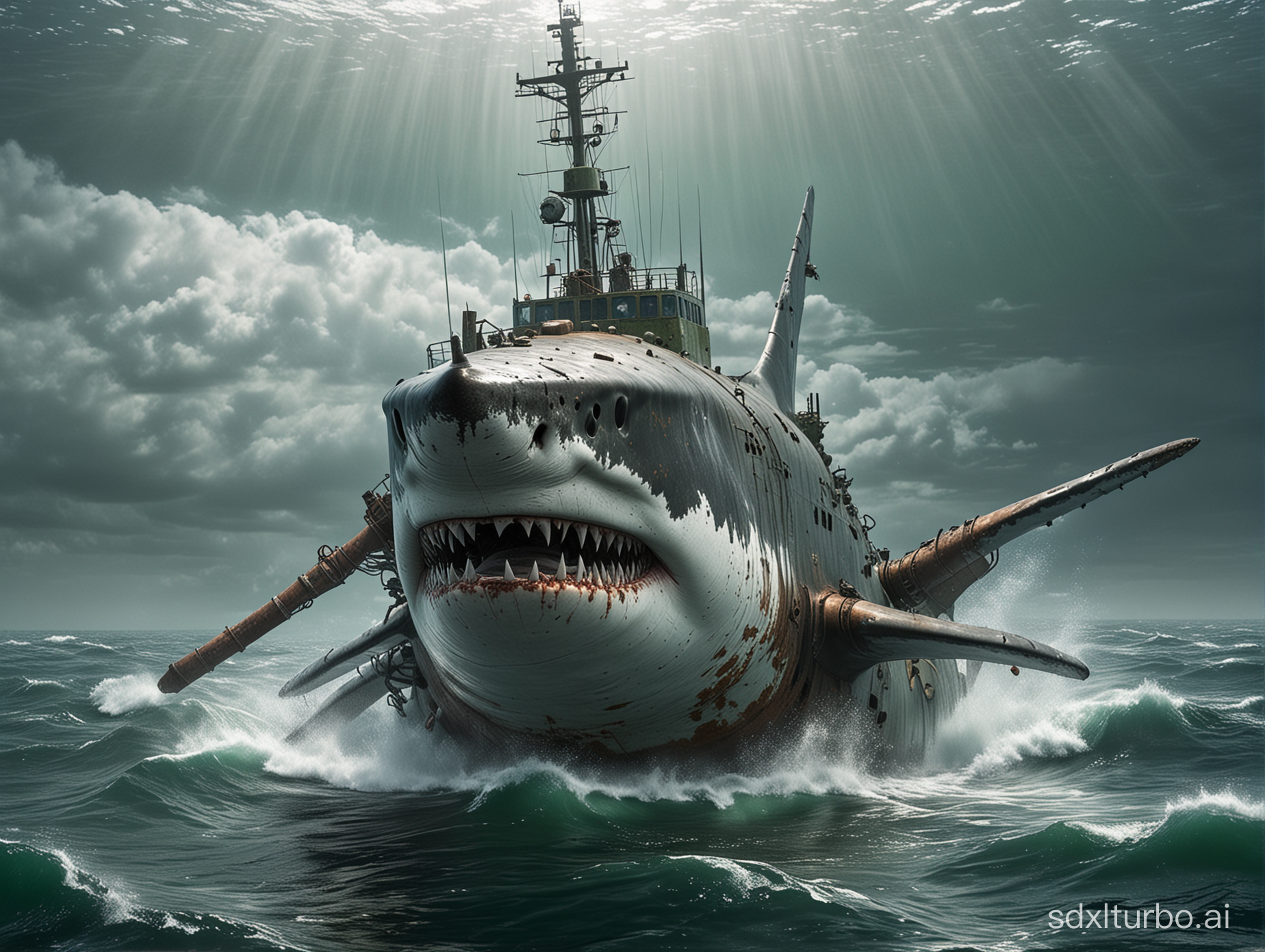 A massive great white Shark is artacking and eating a rusty nuclear submarine in the green frothy ocean n extremely photo realistic generation.