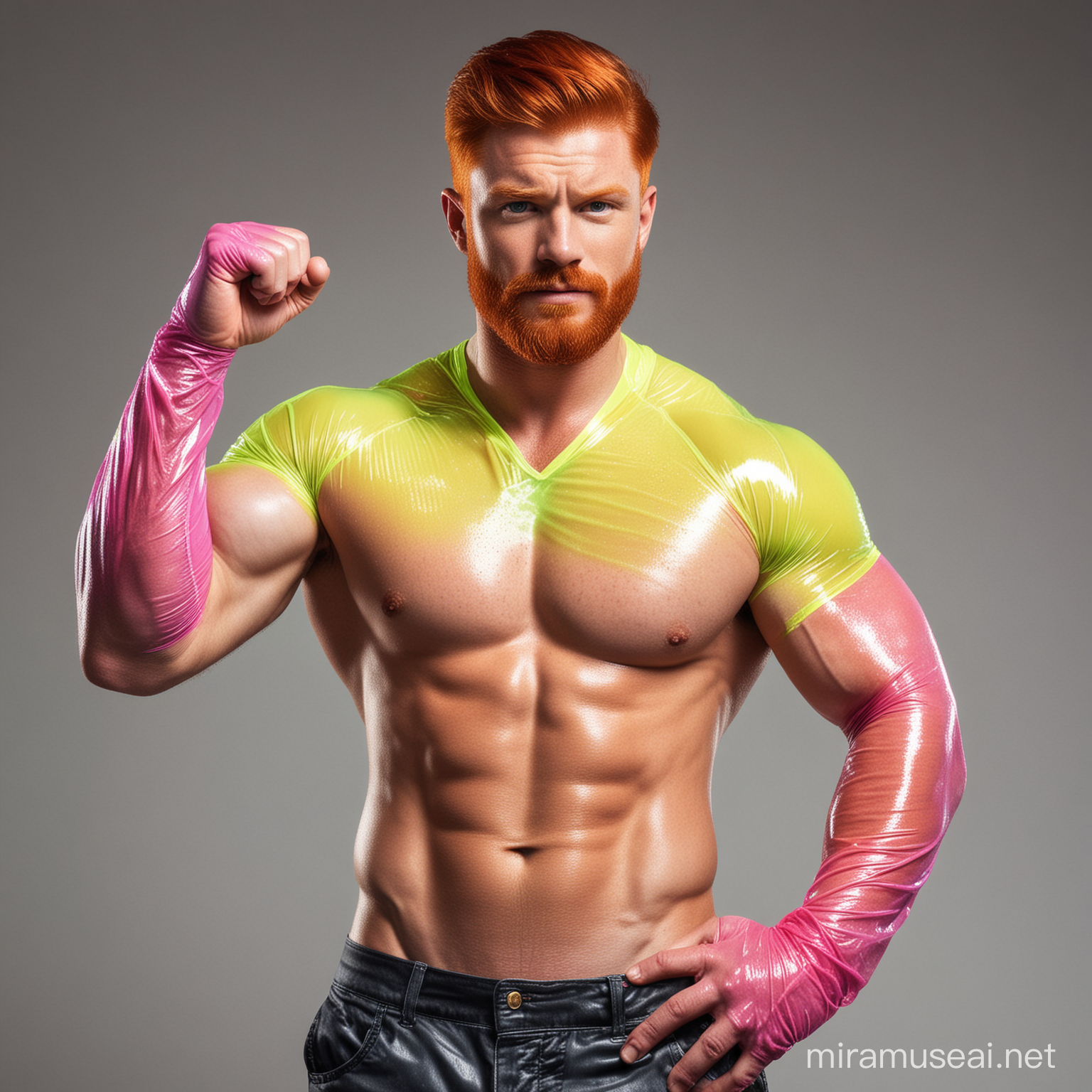 Topless 30s Ultra Muscular Red Head World's Strongest Handsome Man wearing unzipped Bright Highlighter Multi-Coloured See Through Jacket and Flexing Big Strong Arm