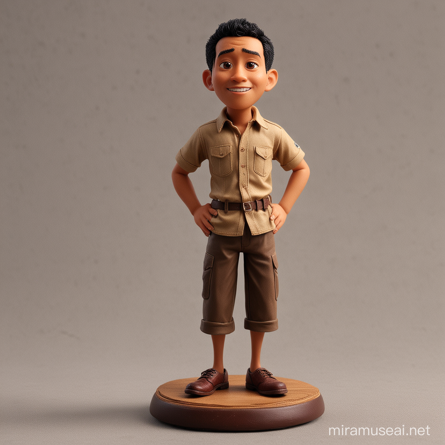 A miniature indonesian guy 1/16 standing in the table,pixar character,realistic