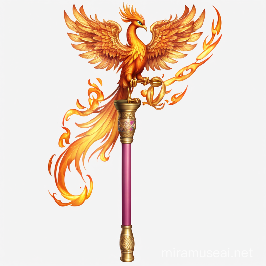 Enchanting Phoenix Girl with Cane of Fortune on Transparent Background