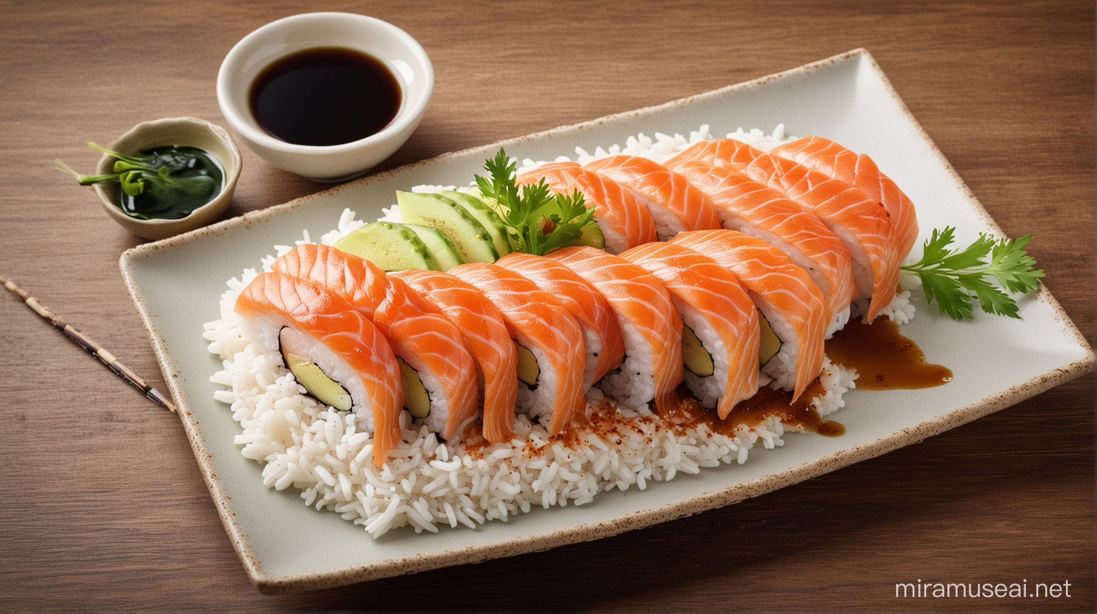 Japanese Sushi: Fresh fish slices over soft rice, served with wasabi and soy sauce, evoking the perfect fresh and savory sensation.